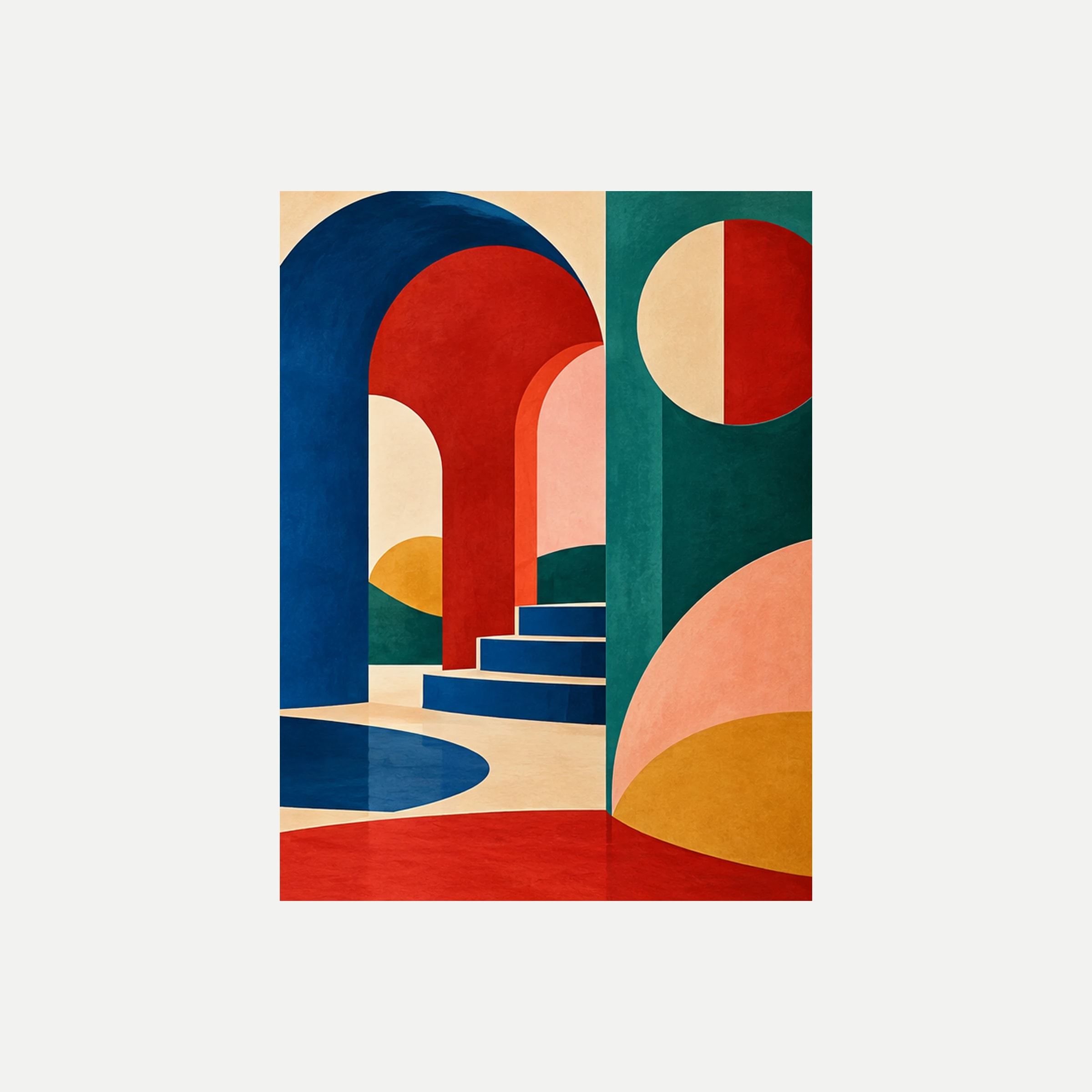 Poppy Arcade III: arcos azules y rojos junto a escalones oscuros y un círculo crema y rojo, sin marco, sobre fondo neutro.