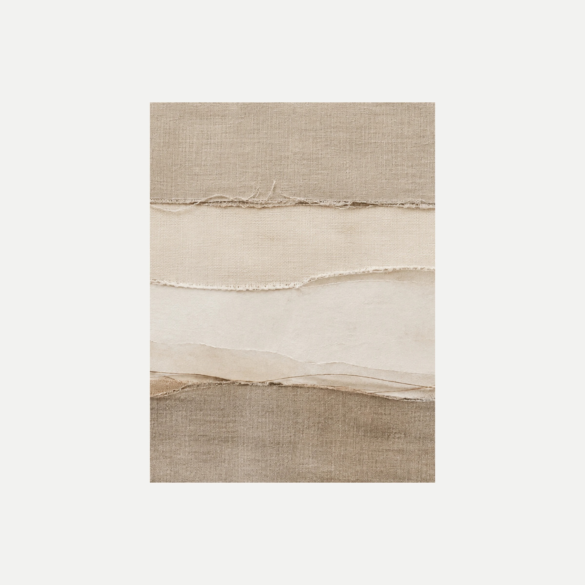 Linen Horizon II: capas horizontales de tonos crudos con una línea suave ondulada, sin marco, sobre fondo neutro.