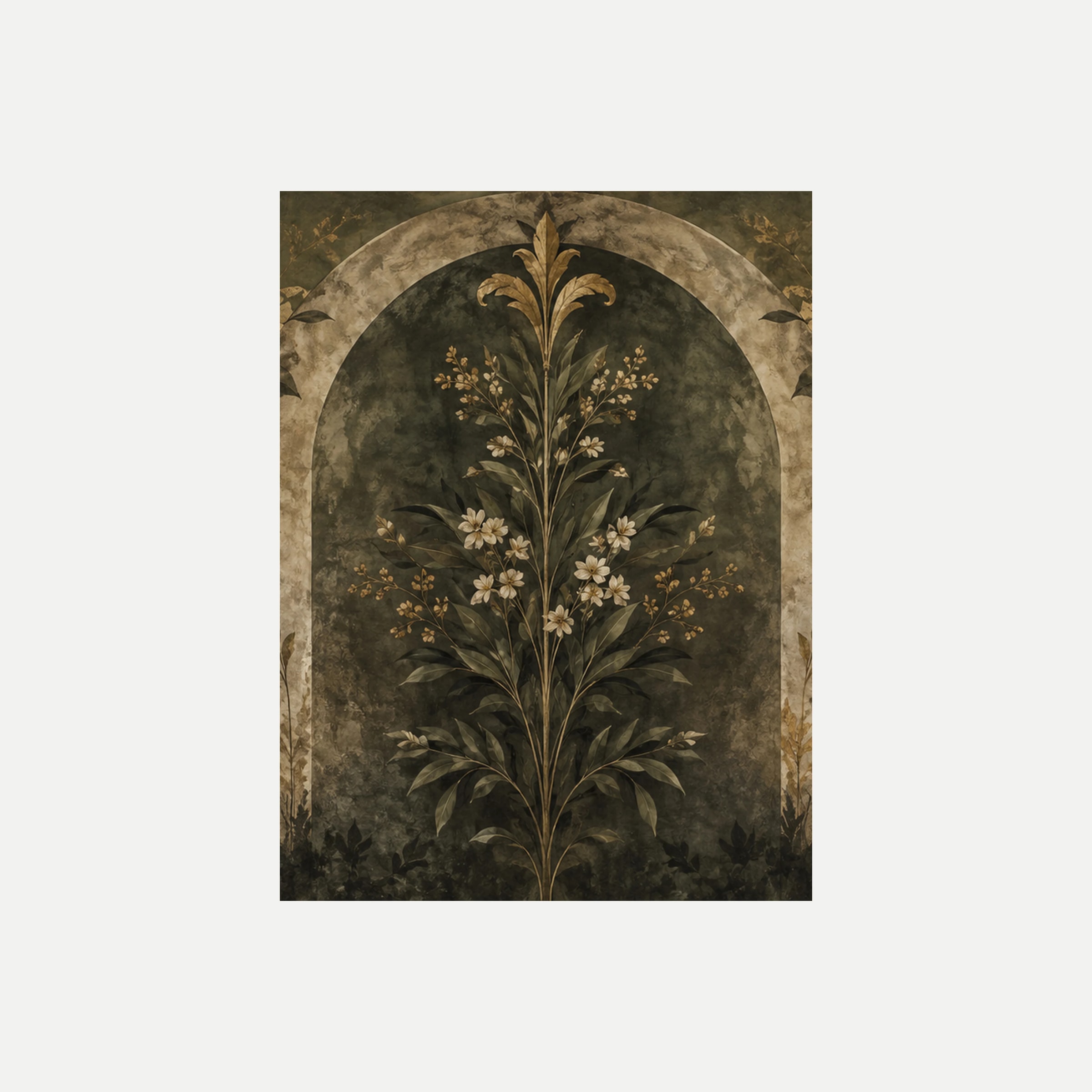 Botanical Sconce II: un tallo central de pequeñas flores crema sobre un arco oscuro con un adorno ocre, sin marco, sobre fondo neutro.