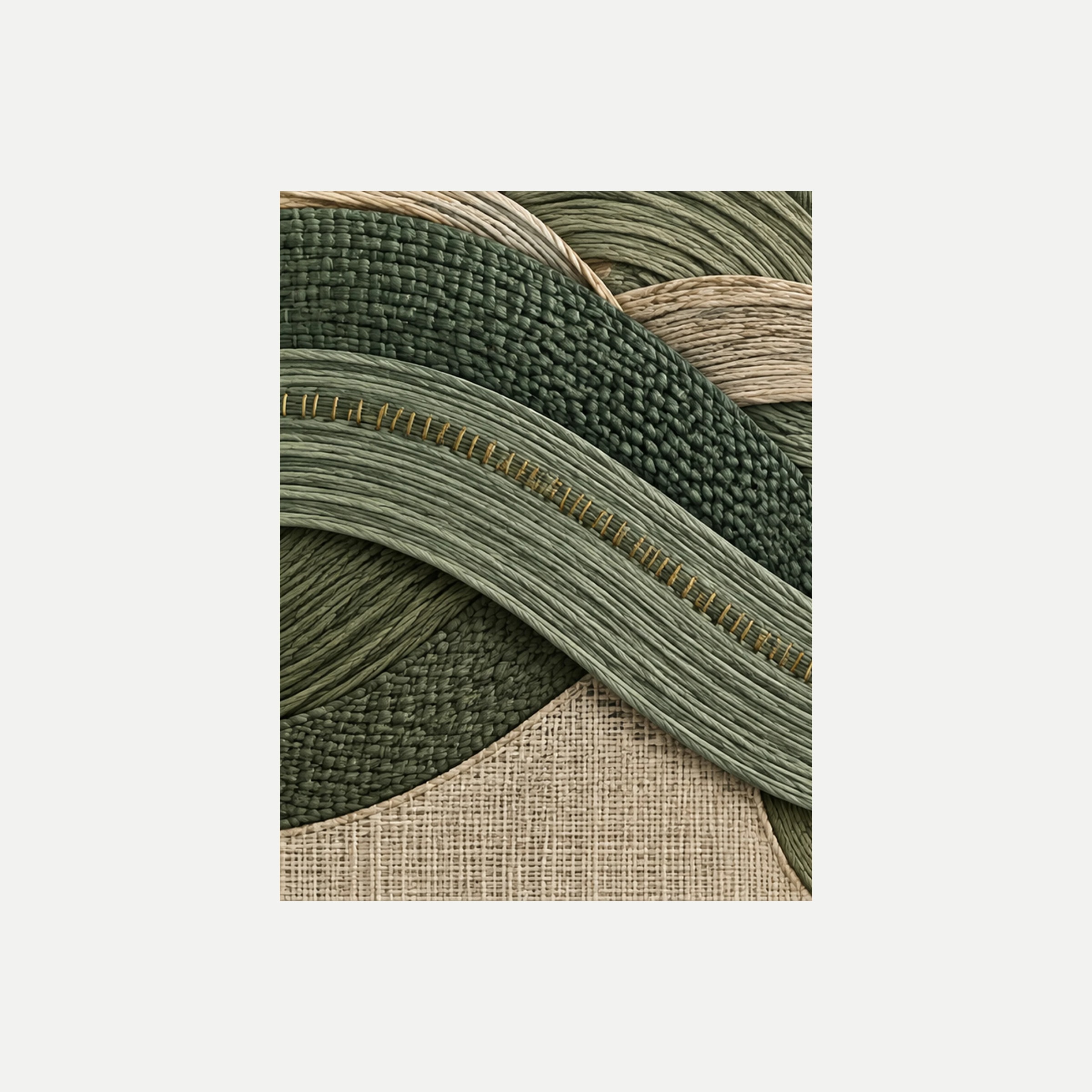 Eucalyptus Weave I: cintas verdes arqueadas sobre superficies beige de trama representada, sin marco, sobre fondo neutro.