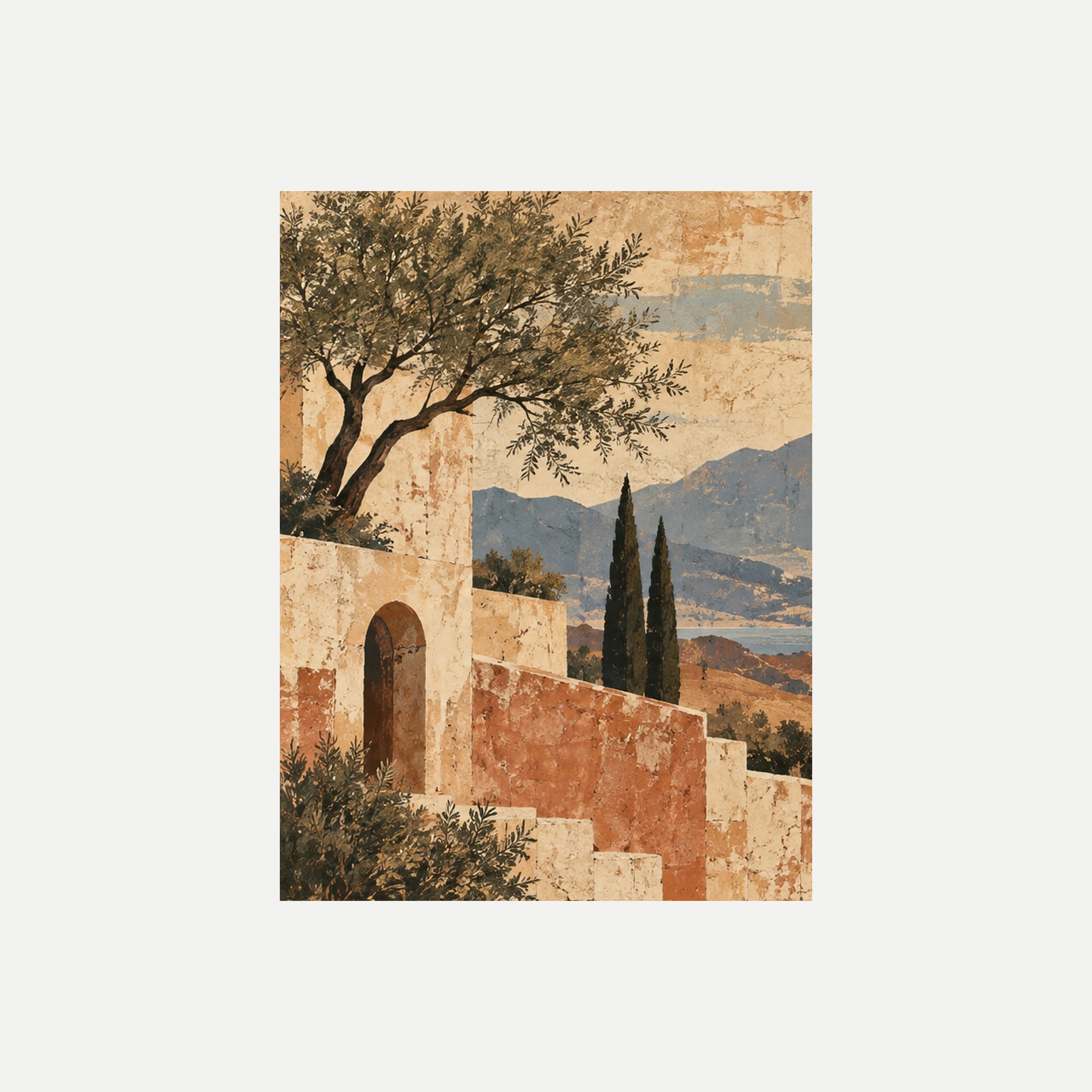 Ochre Postcard I: un árbol sobre un muro terracota con puerta arqueada ante cipreses y montañas, sin marco, sobre fondo neutro.