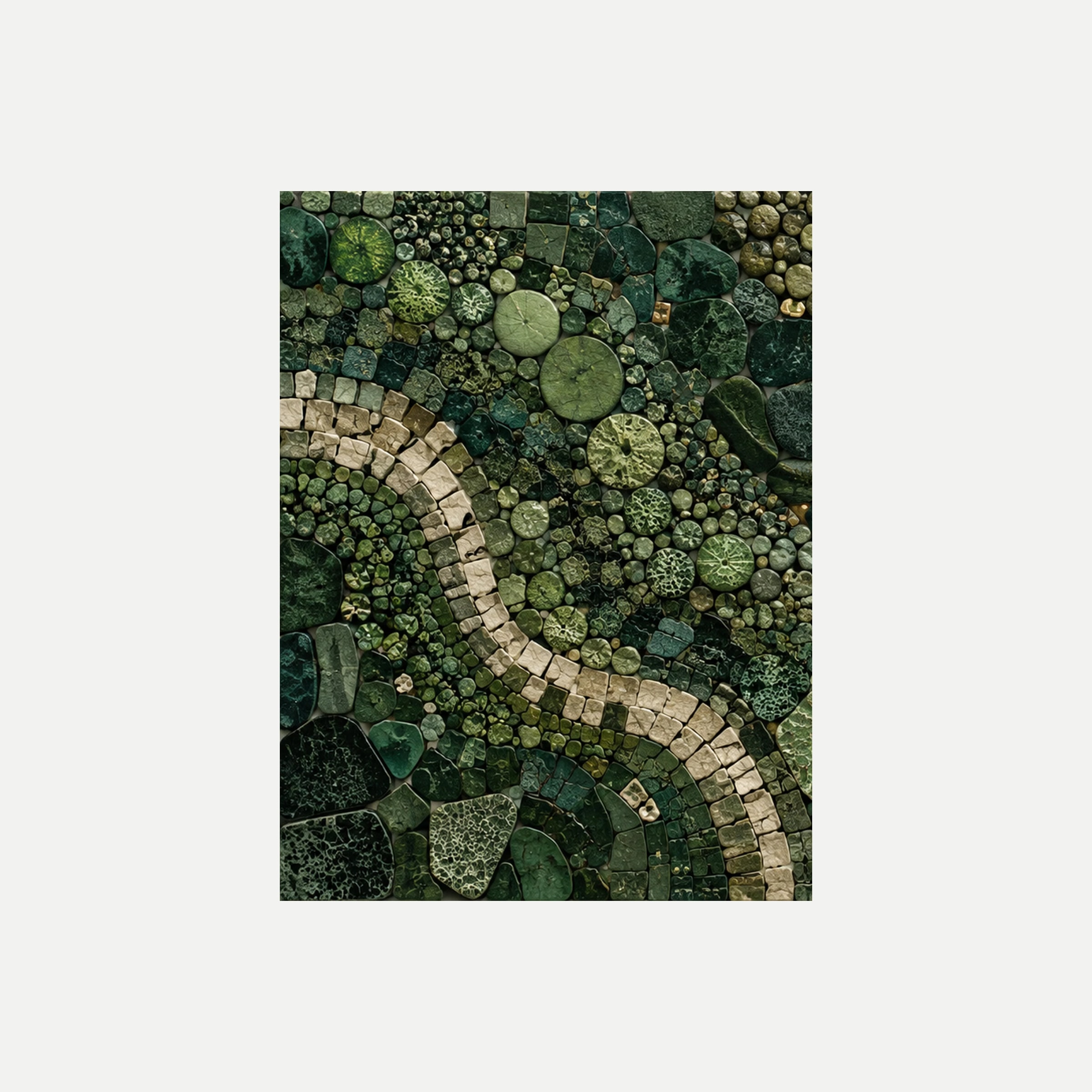 Forest Floor Tesserae I: pequeñas piezas verdes redondeadas atravesadas por una franja clara, sin marco, sobre fondo neutro.