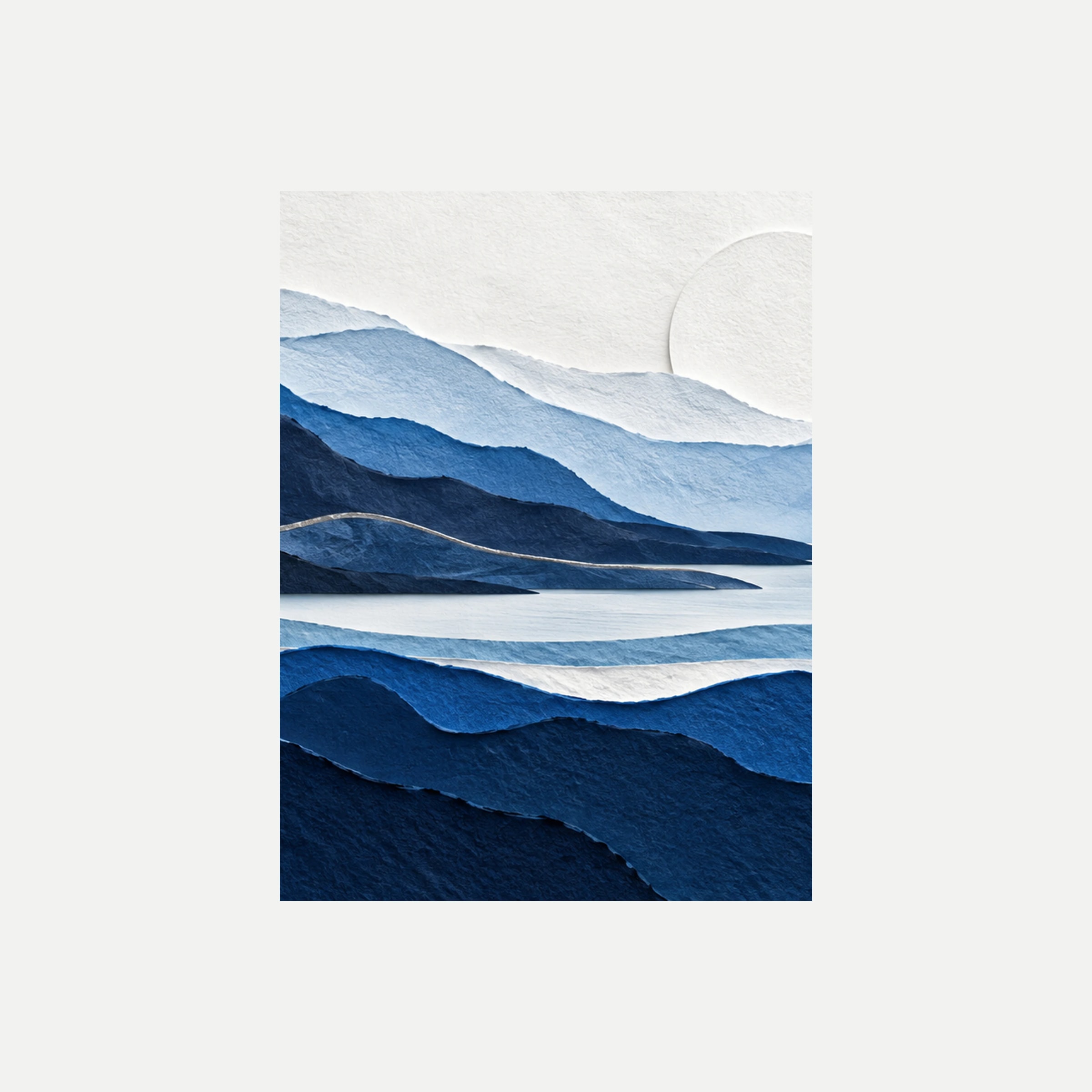 Paper Horizon II: un horizonte de montañas azules y una franja de agua entre siluetas claras, sin marco, sobre fondo neutro.