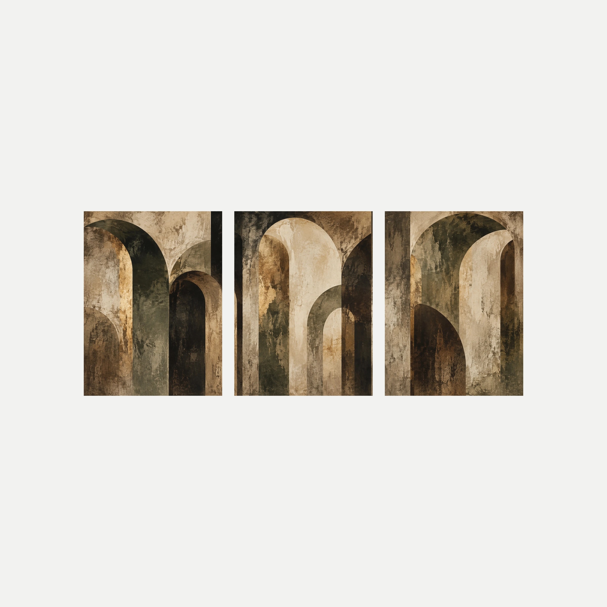 Tres láminas sobre fondo neutro con arcos superpuestos de distinta altura en crema, marrón y oliva oscuro de apariencia envejecida.