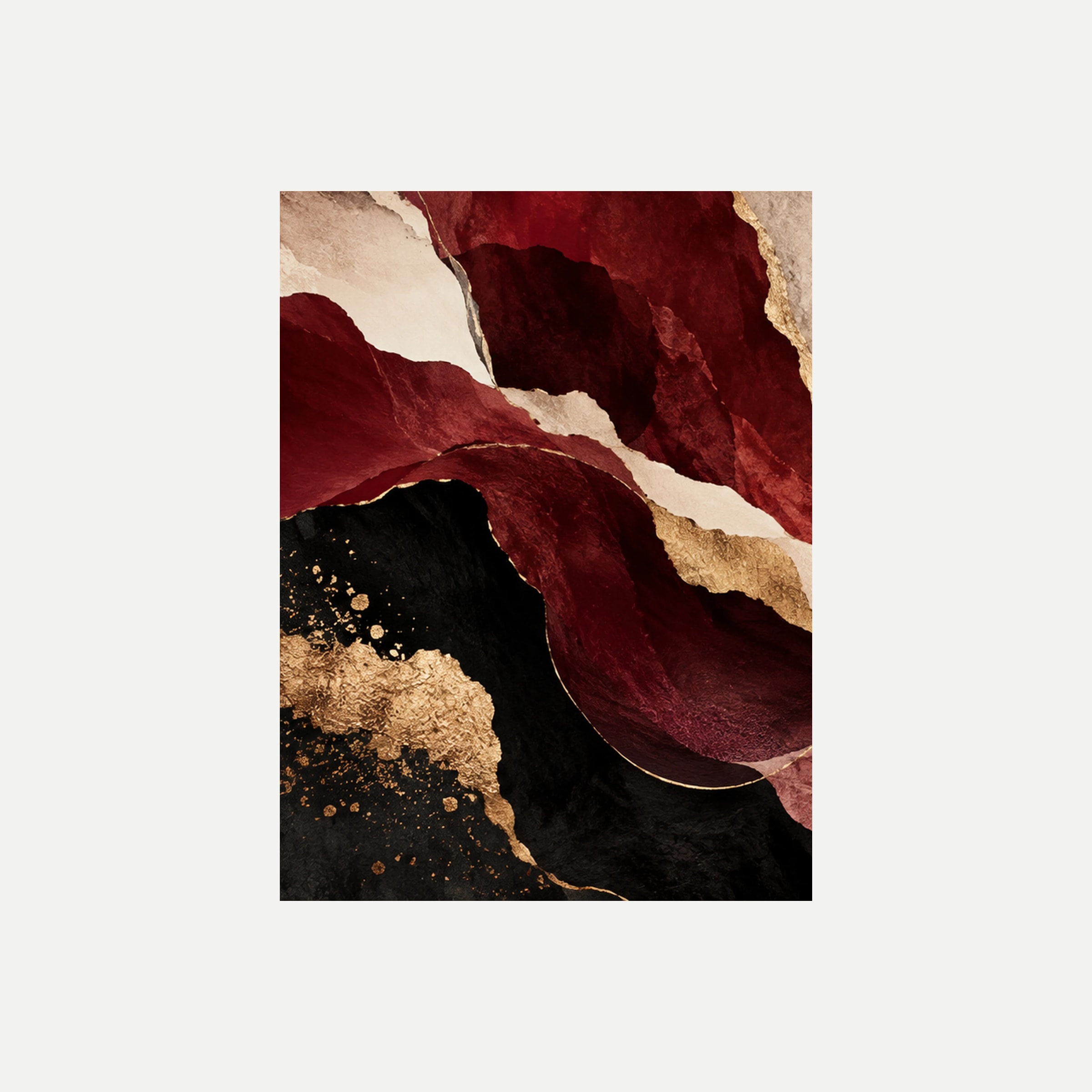 Garnet Garden I: pétalos abstractos burdeos sobre negro con pequeños detalles cálidos, sin marco, sobre fondo neutro.