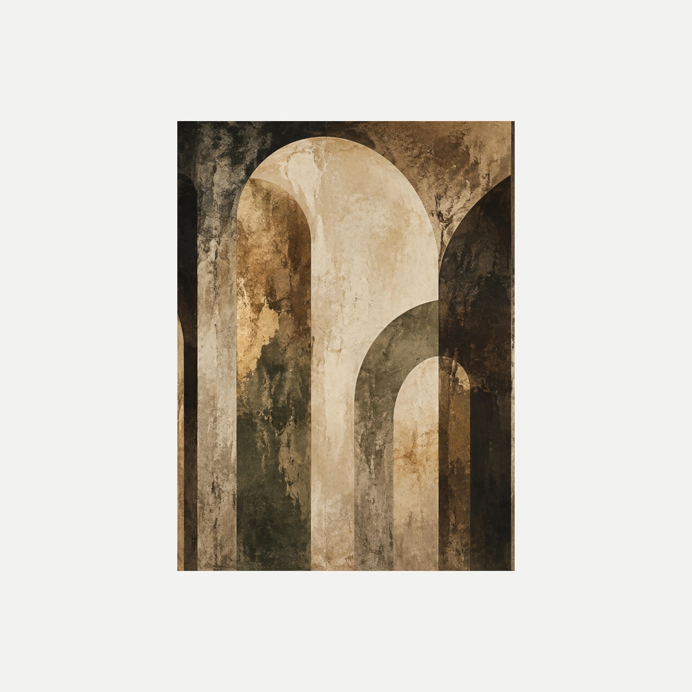 Antiquarian Arch II: un gran arco crema redondeado junto a otro menor entre zonas verde oliva oscuro, sin marco, sobre fondo neutro.