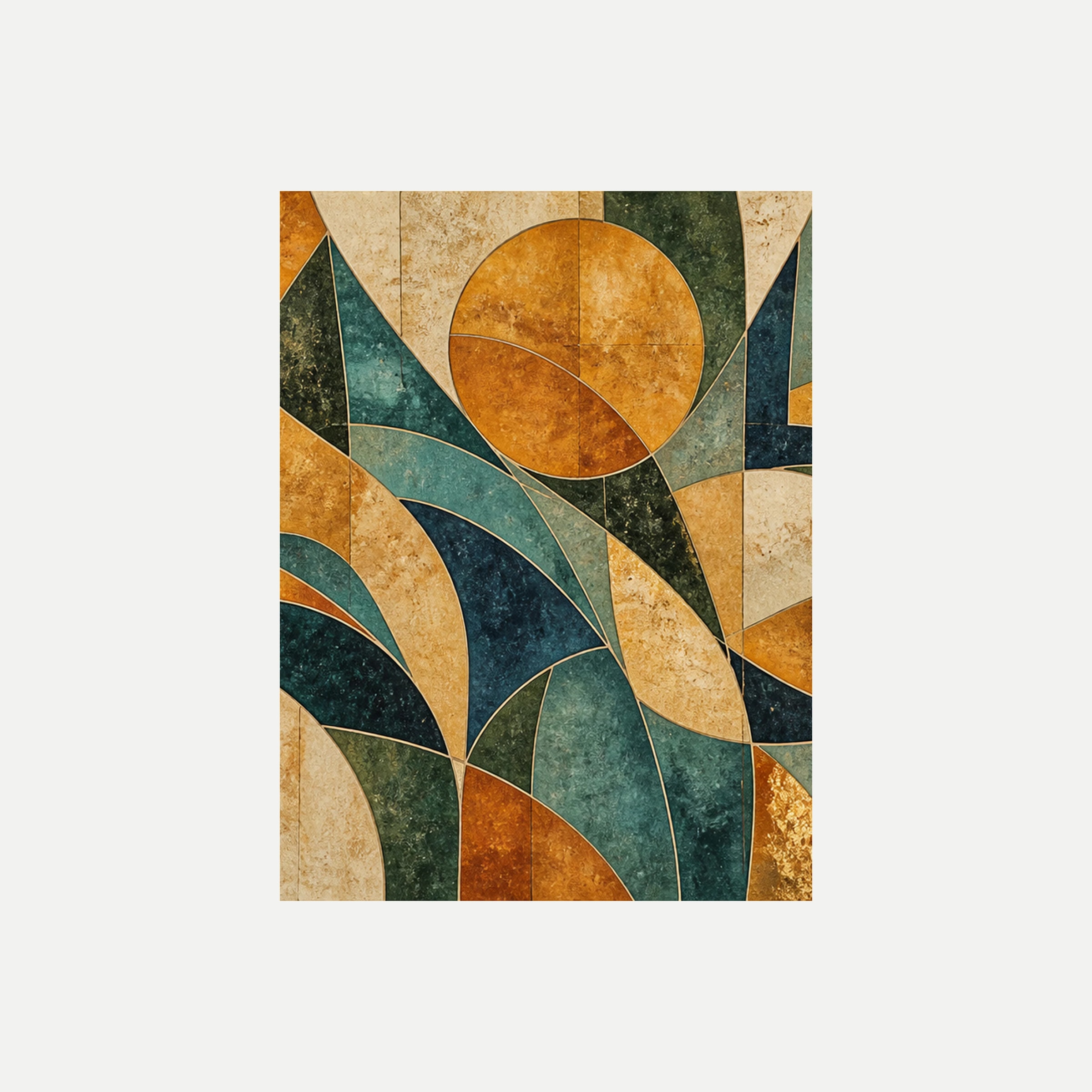 Amber Tile II: un gran círculo ámbar entre triángulos verde azulado y bandas curvas claras, sin marco, sobre fondo neutro.