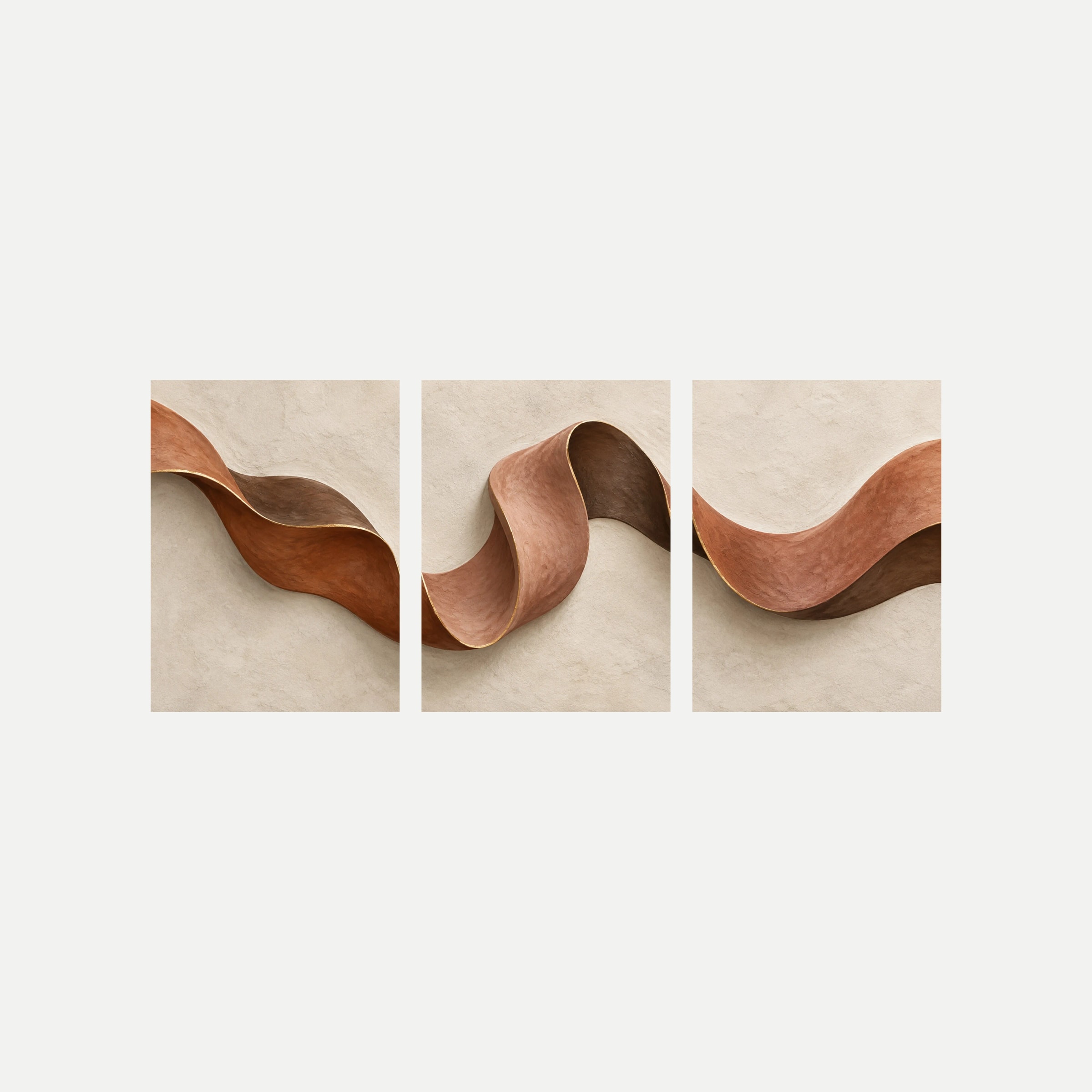 Tres láminas sobre fondo neutro con una cinta ondulada terracota y marrón, borde de color dorado y sombras sobre fondo crema.