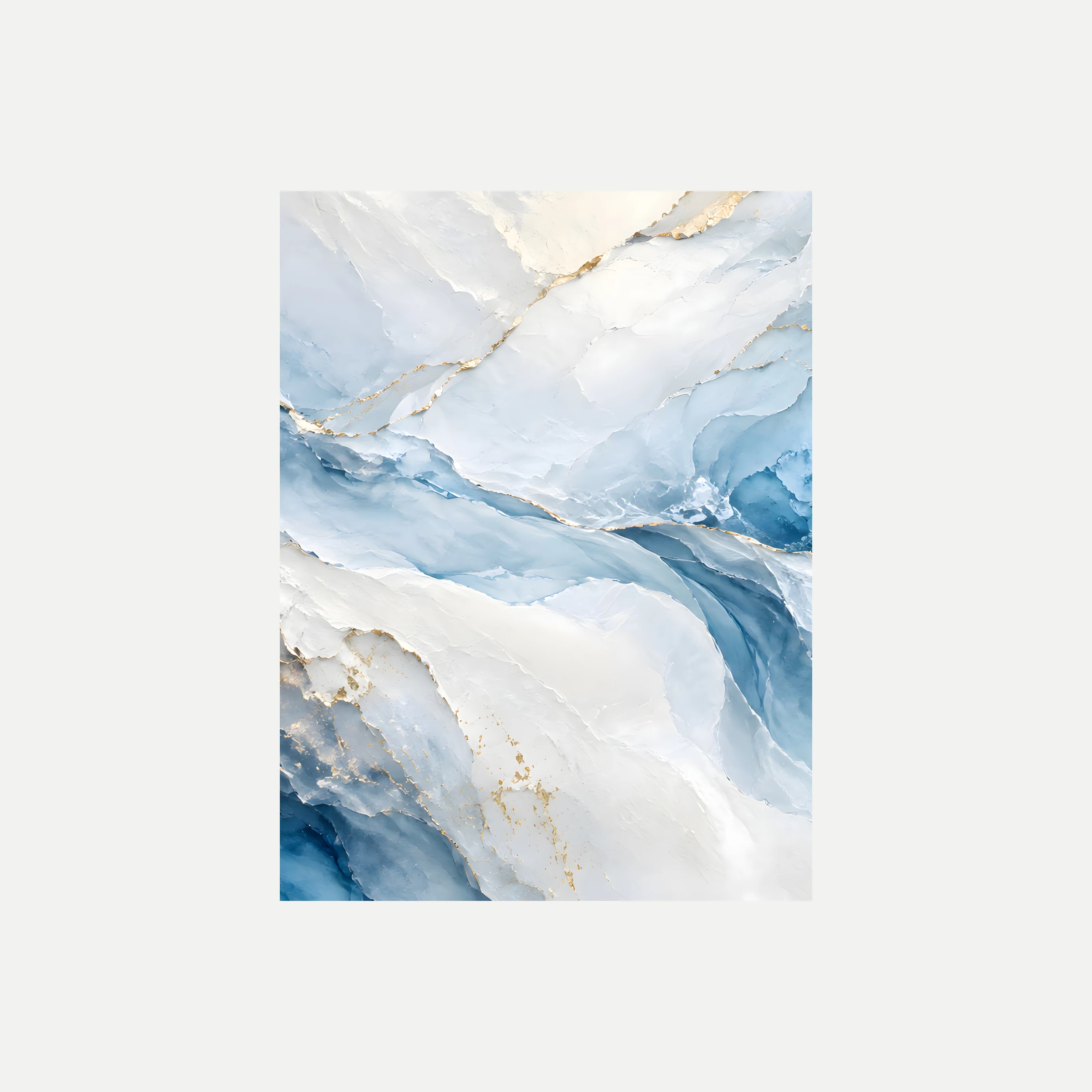 Glacial Kintsugi II: un amplio campo blanco sobre una curva azul pálido y vetas cálidas, sin marco, sobre fondo neutro.