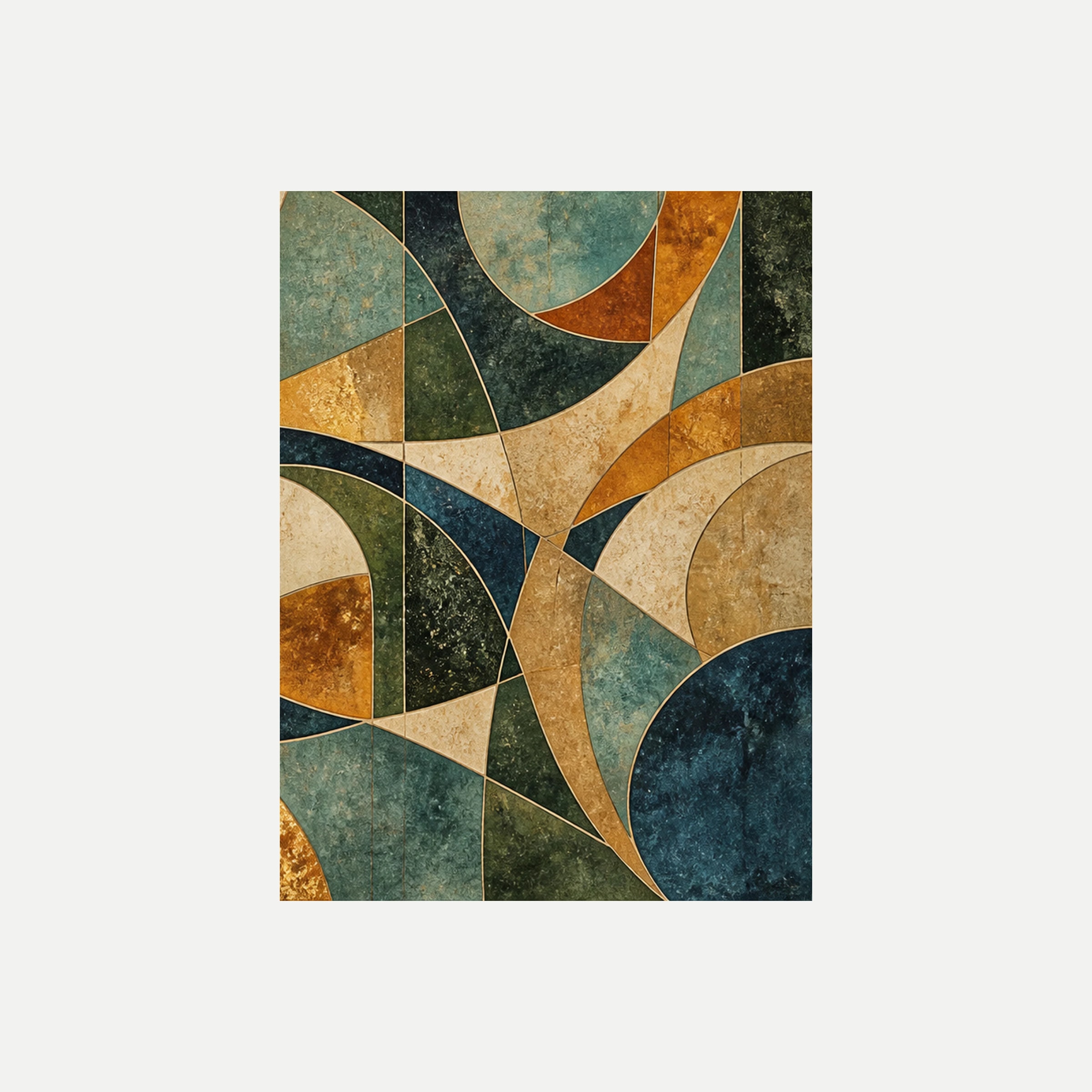 Amber Tile III: un círculo verde claro parcial sobre triángulos oscuros y curvas crema y azules, sin marco, sobre fondo neutro.