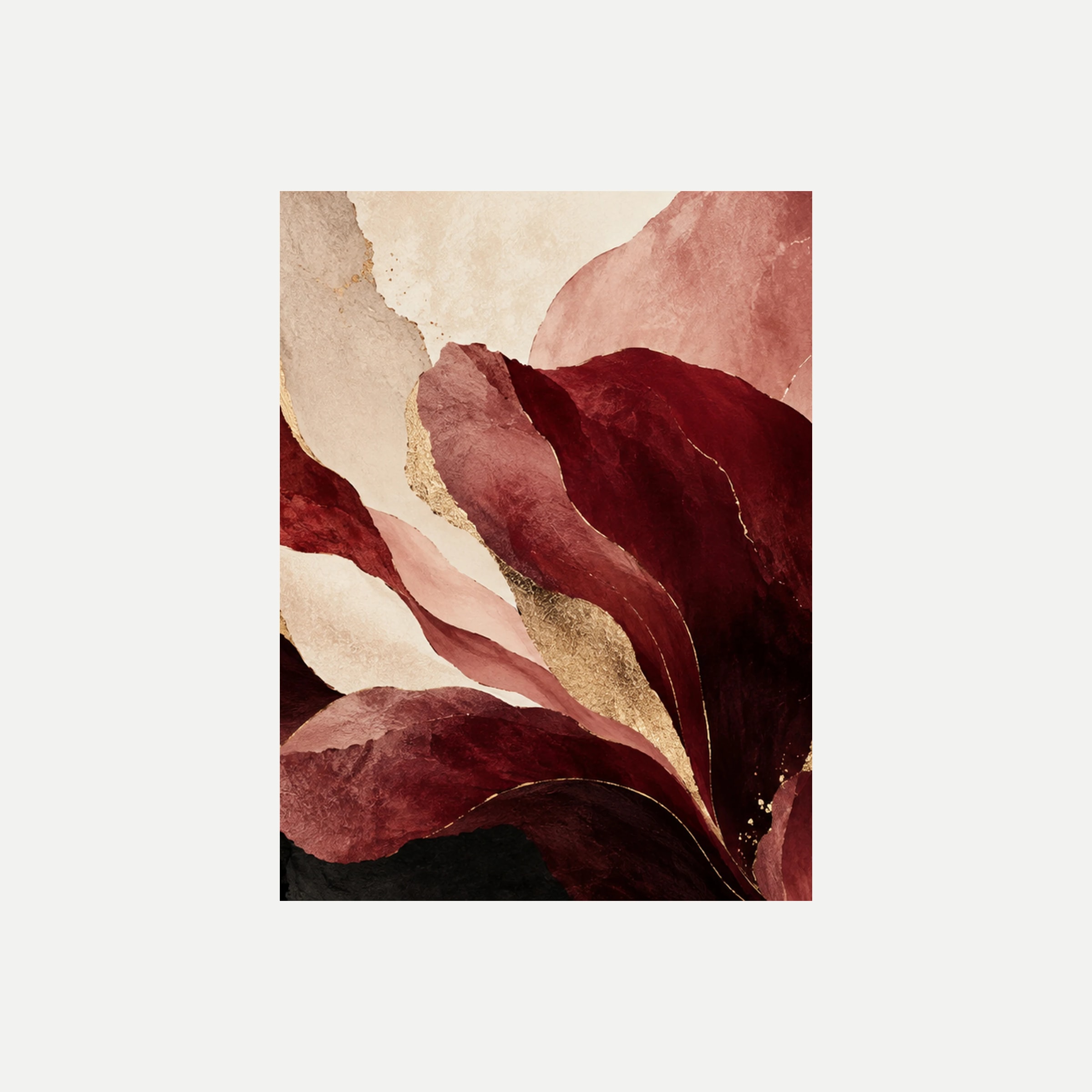 Garnet Garden II: pétalos rosa y granate que se abren alrededor de una zona crema, sin marco, sobre fondo neutro.