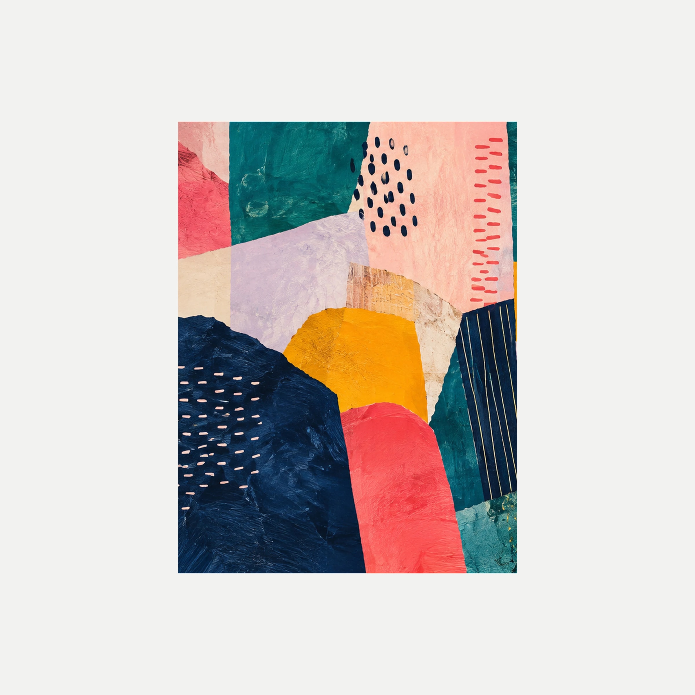 Chromatic Quilt I: bloques verdes, amarillos y coral junto a zonas rosa con pequeñas marcas negras, sin marco, sobre fondo neutro.