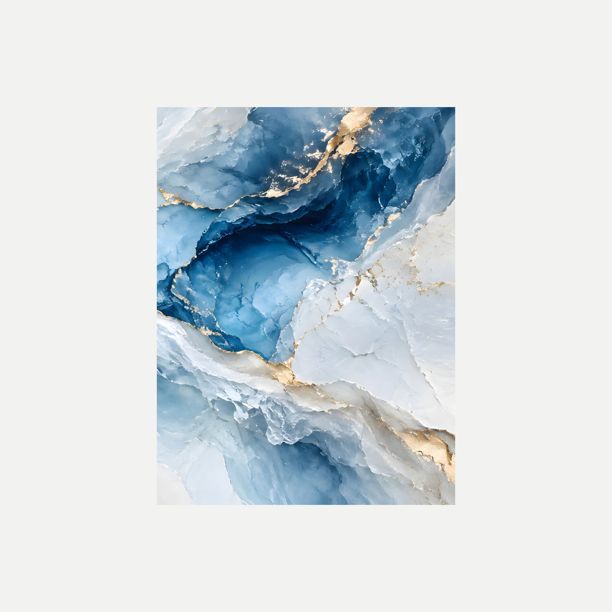 Glacial Kintsugi III: una corriente azul profundo entre superficies blancas de apariencia mineral, sin marco, sobre fondo neutro.
