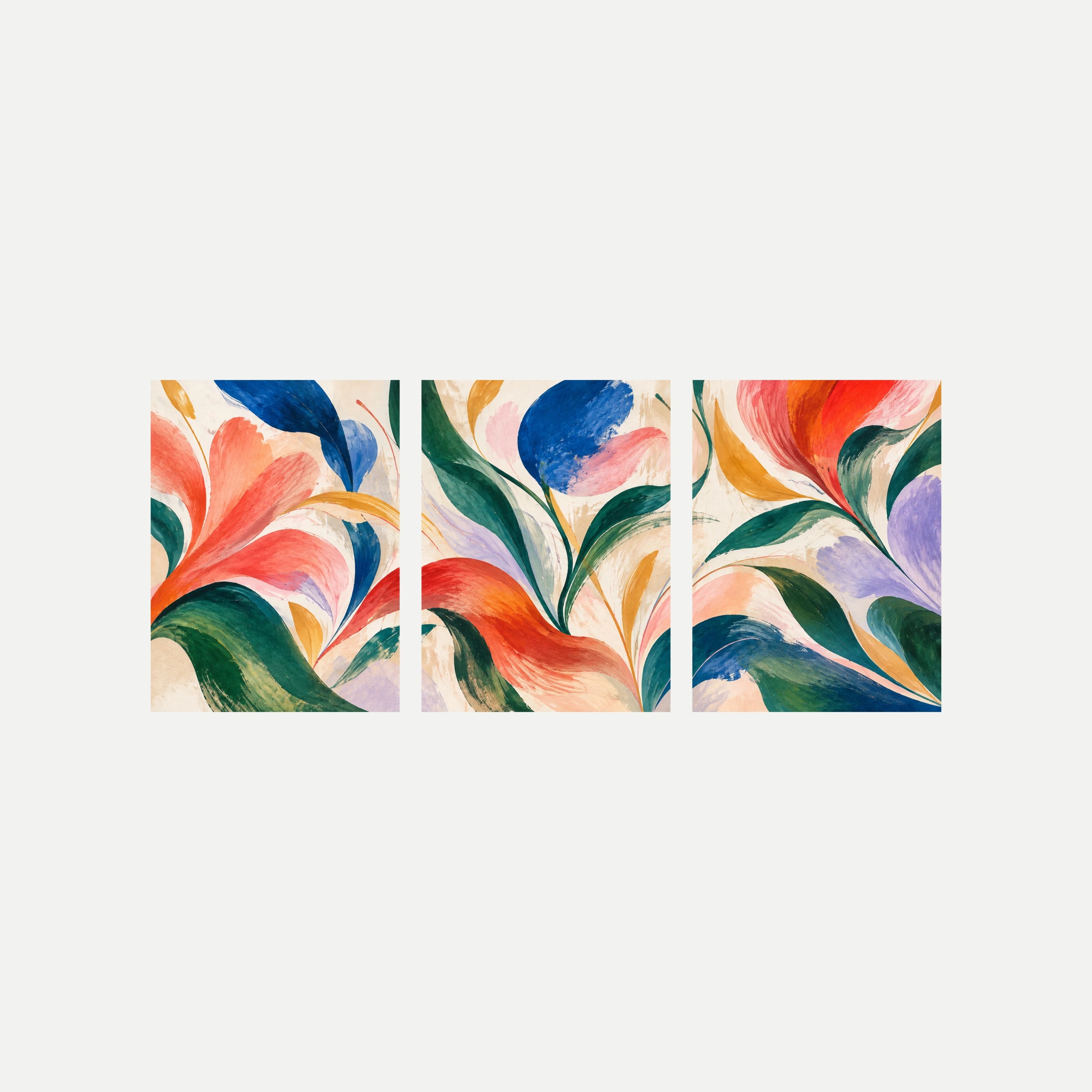 Tres paneles sobre fondo neutro con hojas y formas semejantes a pétalos en azul, coral, verde, rosa y naranja sobre crema.