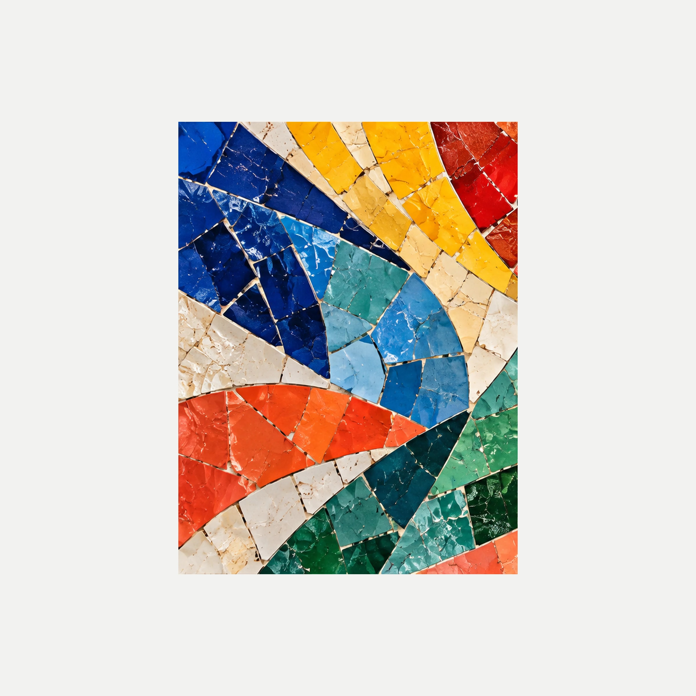Mosaic Parade I: fragmentos azules y amarillos entre bandas crema y diagonales verdes y naranjas, sin marco, sobre fondo neutro.