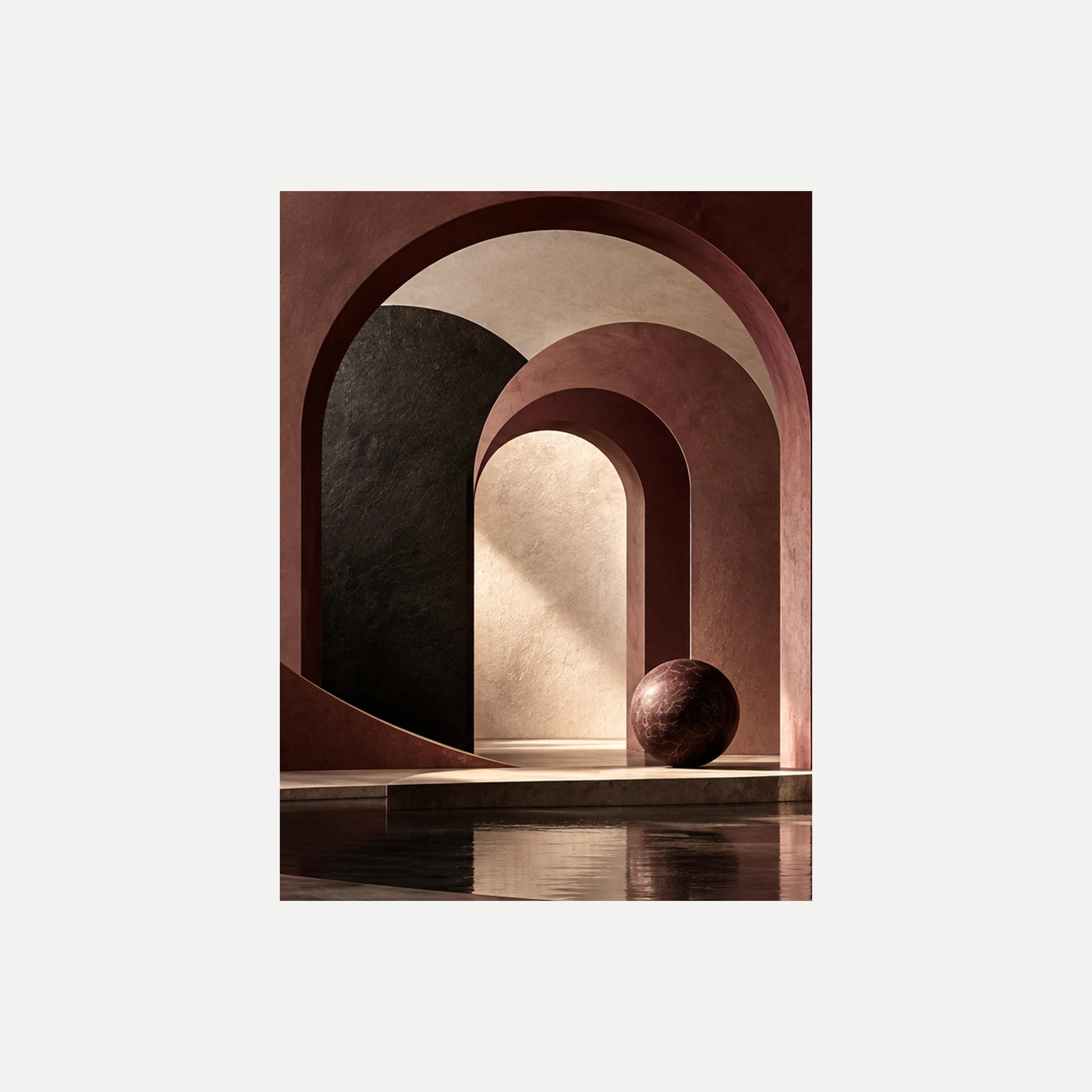 Rosewood Arch II: arcos concéntricos rosa y burdeos junto a una esfera oscura, sin marco, sobre fondo neutro.