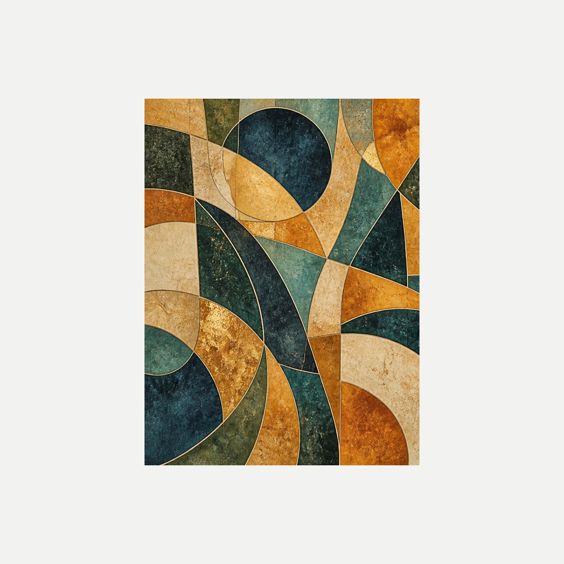 Amber Tile I: un círculo verde azulado entre fragmentos angulosos crema y bandas curvas ámbar, sin marco, sobre fondo neutro.