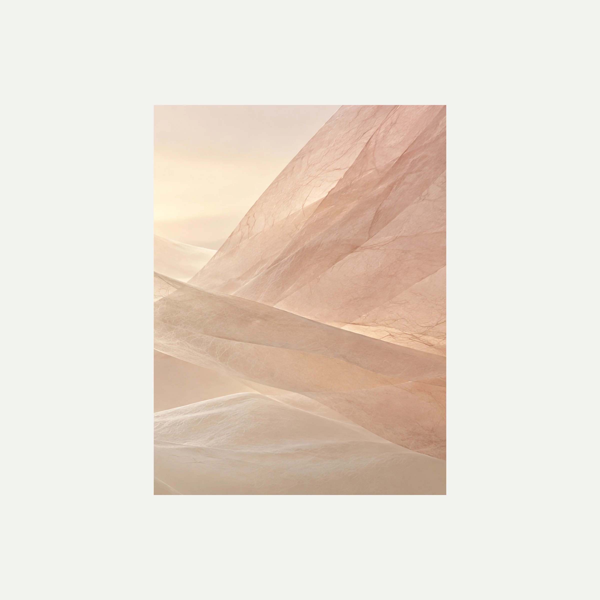 Dawn Veil III: una ladera rosa pálido sobre un paisaje claro de curvas abiertas, sin marco, sobre fondo neutro.