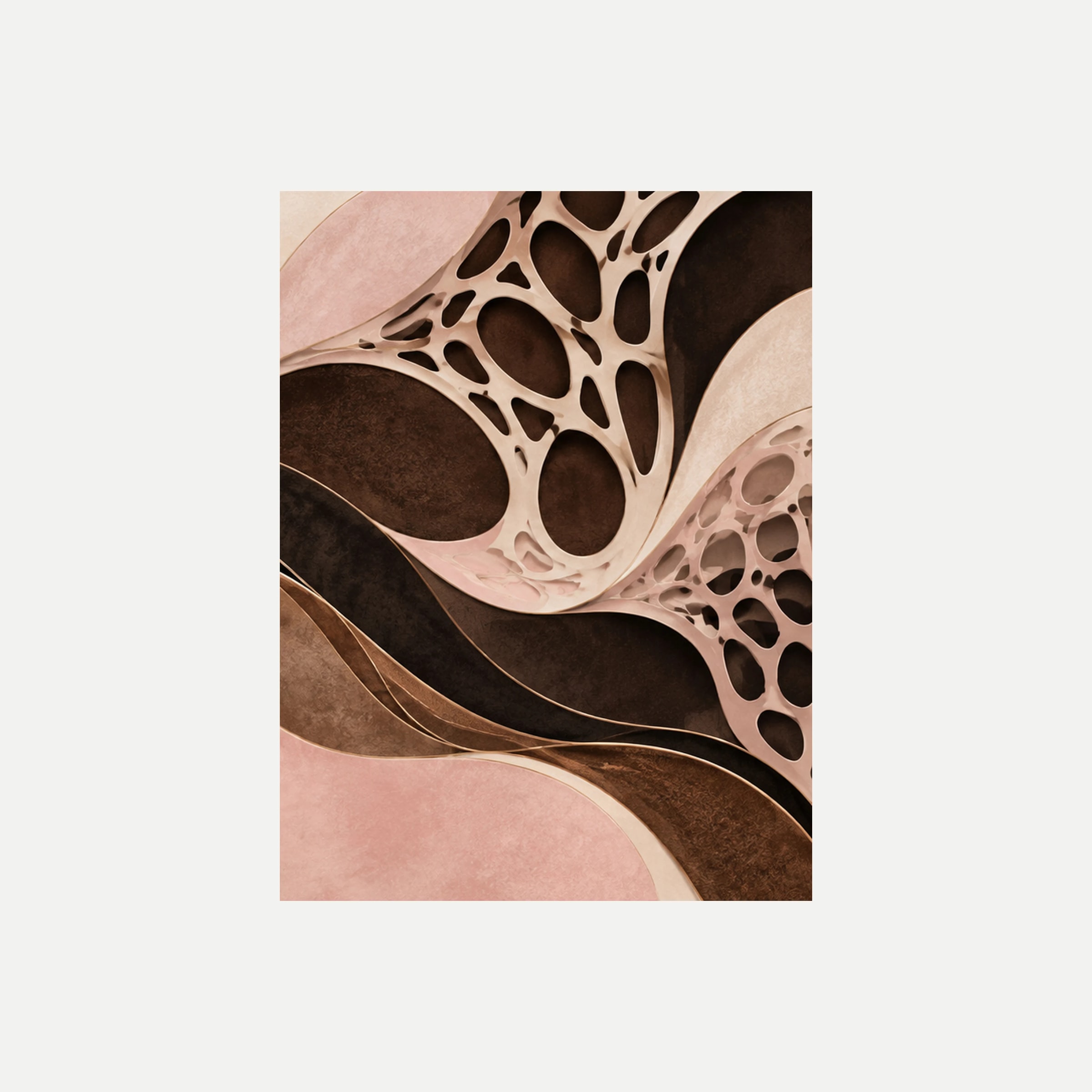 Cacao Lace III: formas rosa pálido con huecos orgánicos sobre ondas café y negras, sin marco, sobre fondo neutro.