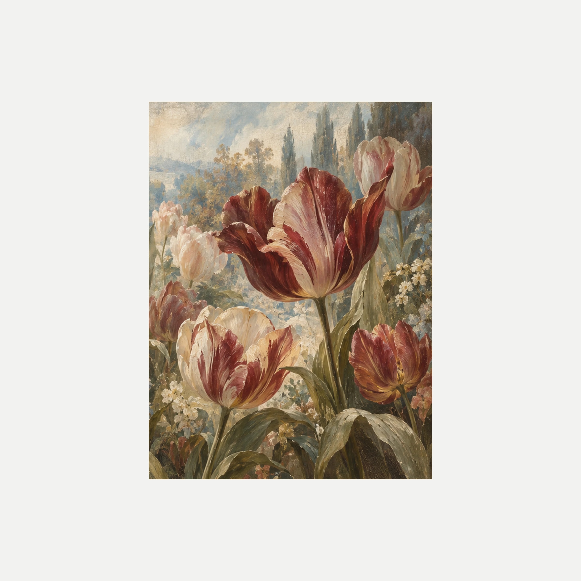 Jardín velado III: un tulipán abierto burdeos junto a flores crema y hojas verdes sobre un fondo azulado, sin marco, sobre fondo neutro.