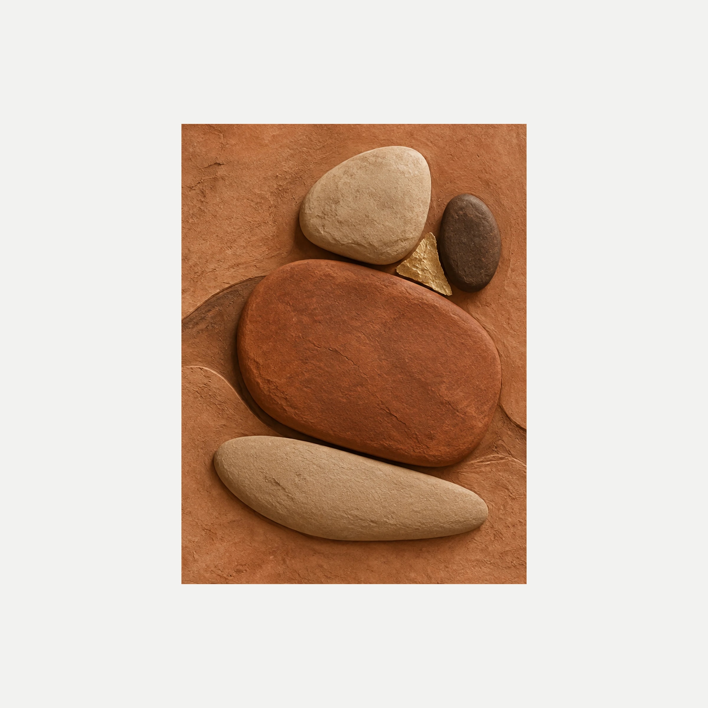 Stone Garden III: un óvalo terracota sobre una piedra clara alargada con pequeñas formas beige y oliva, sin marco, sobre fondo neutro.
