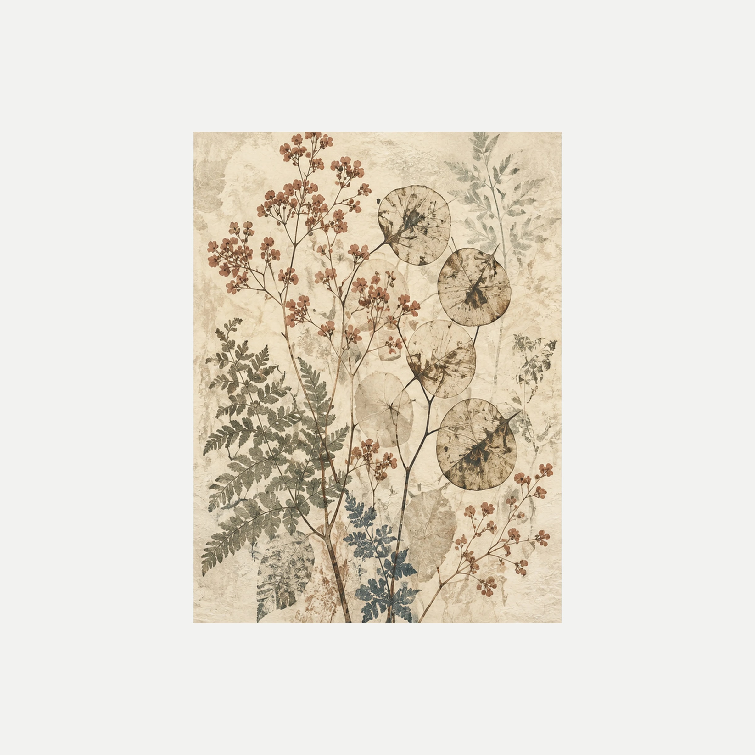 Faded Herbarium II: pequeñas flores rojizas y un helecho gris verdoso sobre círculos y tonos crema, sin marco, sobre fondo neutro.
