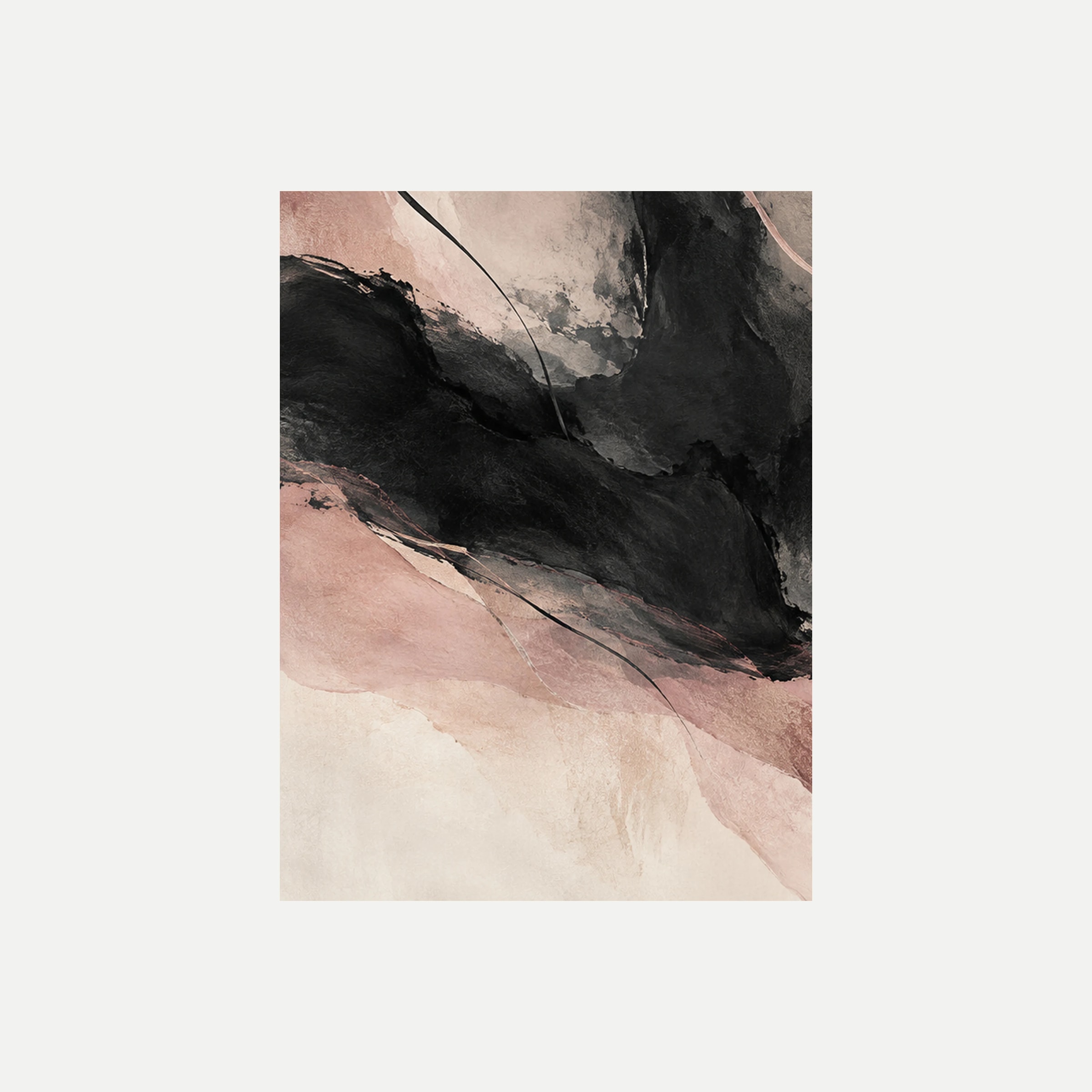 Blush And Ink I: una franja negra diagonal sobre manchas rosa pálido y crema, sin marco, sobre fondo neutro.