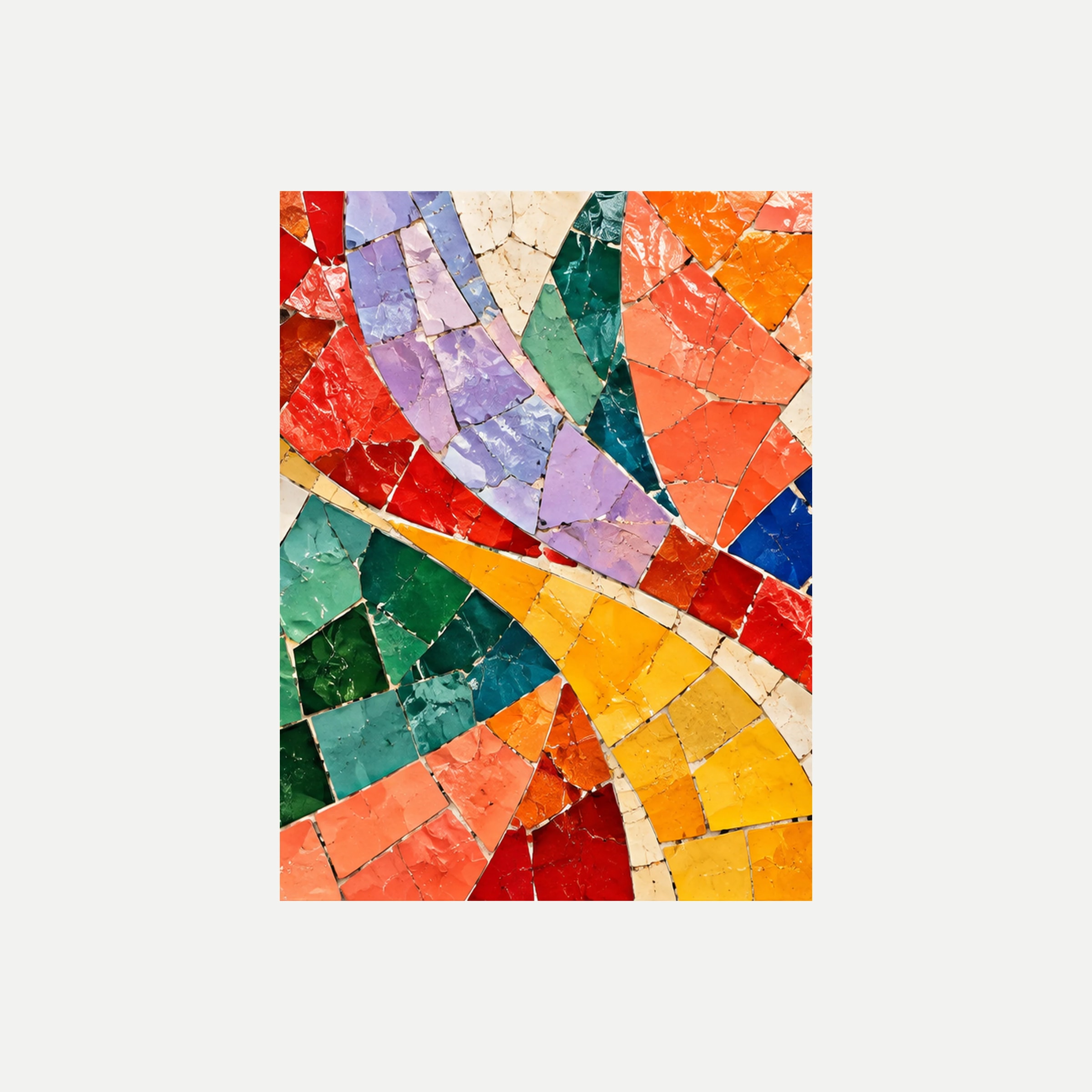 Mosaic Parade II: arcos de pequeños fragmentos lilas, crema y verdes entre áreas naranjas, sin marco, sobre fondo neutro.