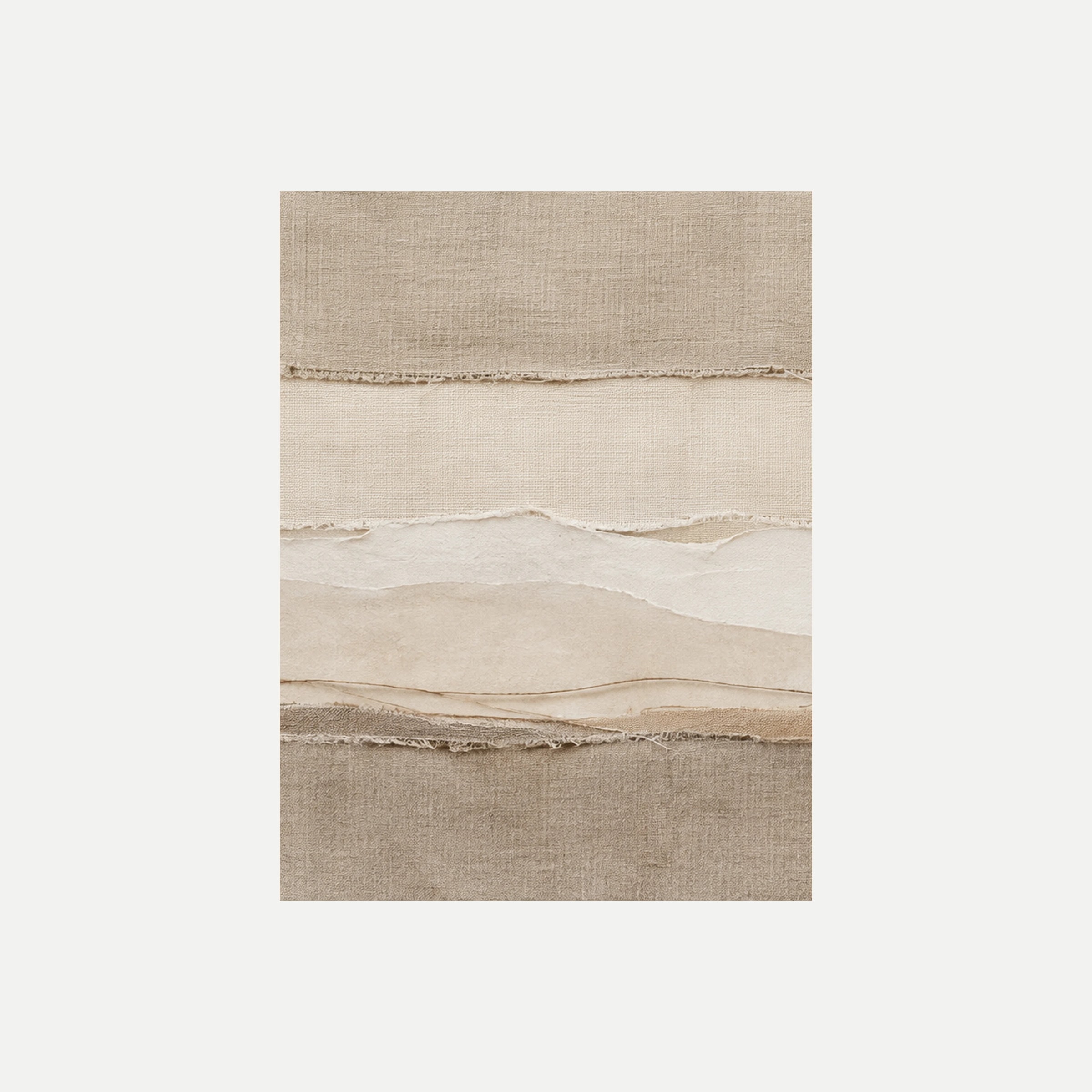 Linen Horizon I: franjas horizontales beige y crema con una banda clara de borde irregular, sin marco, sobre fondo neutro.