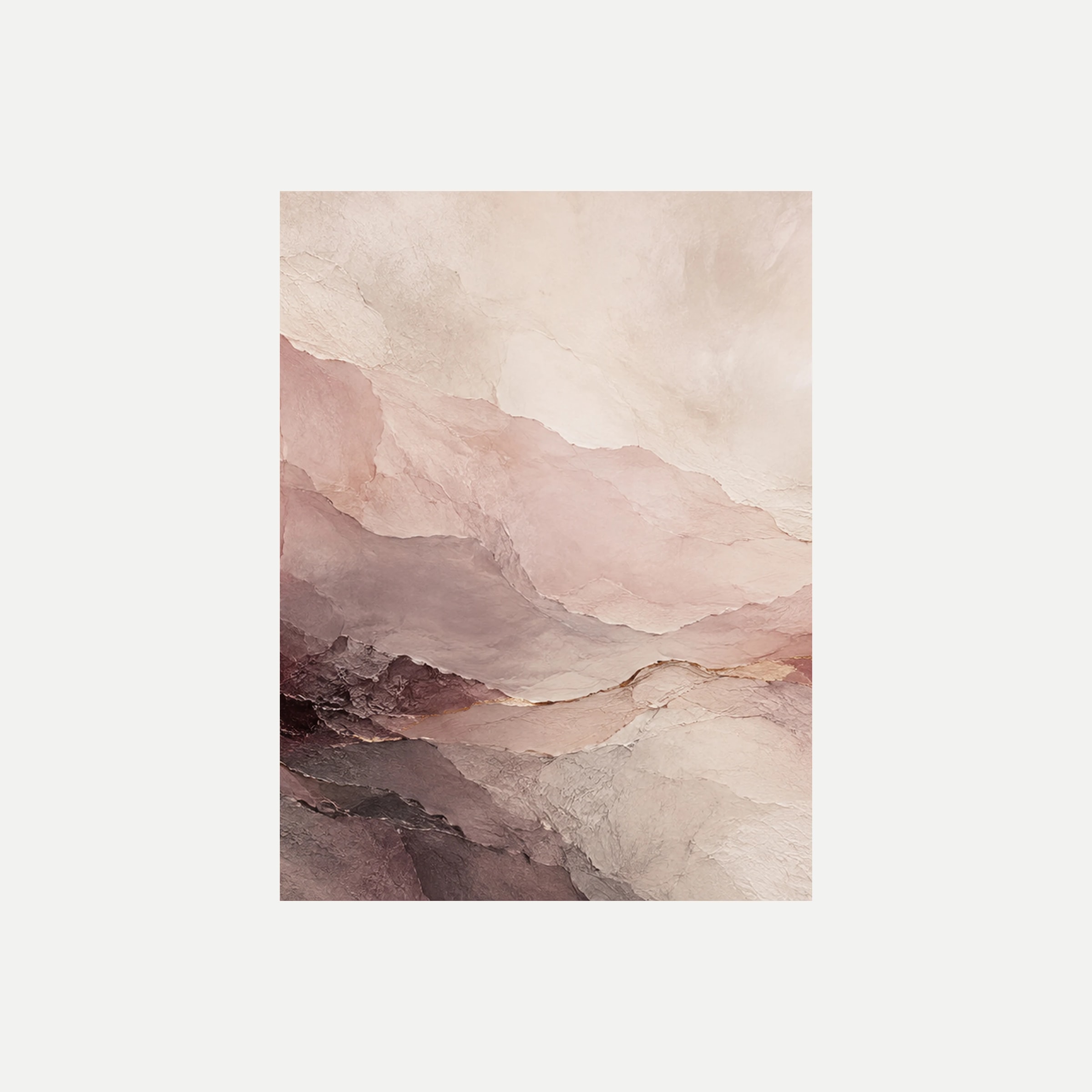 Bordeaux Haze II: velos rosa pálido y gris sobre una amplia superficie crema, sin marco, sobre fondo neutro.