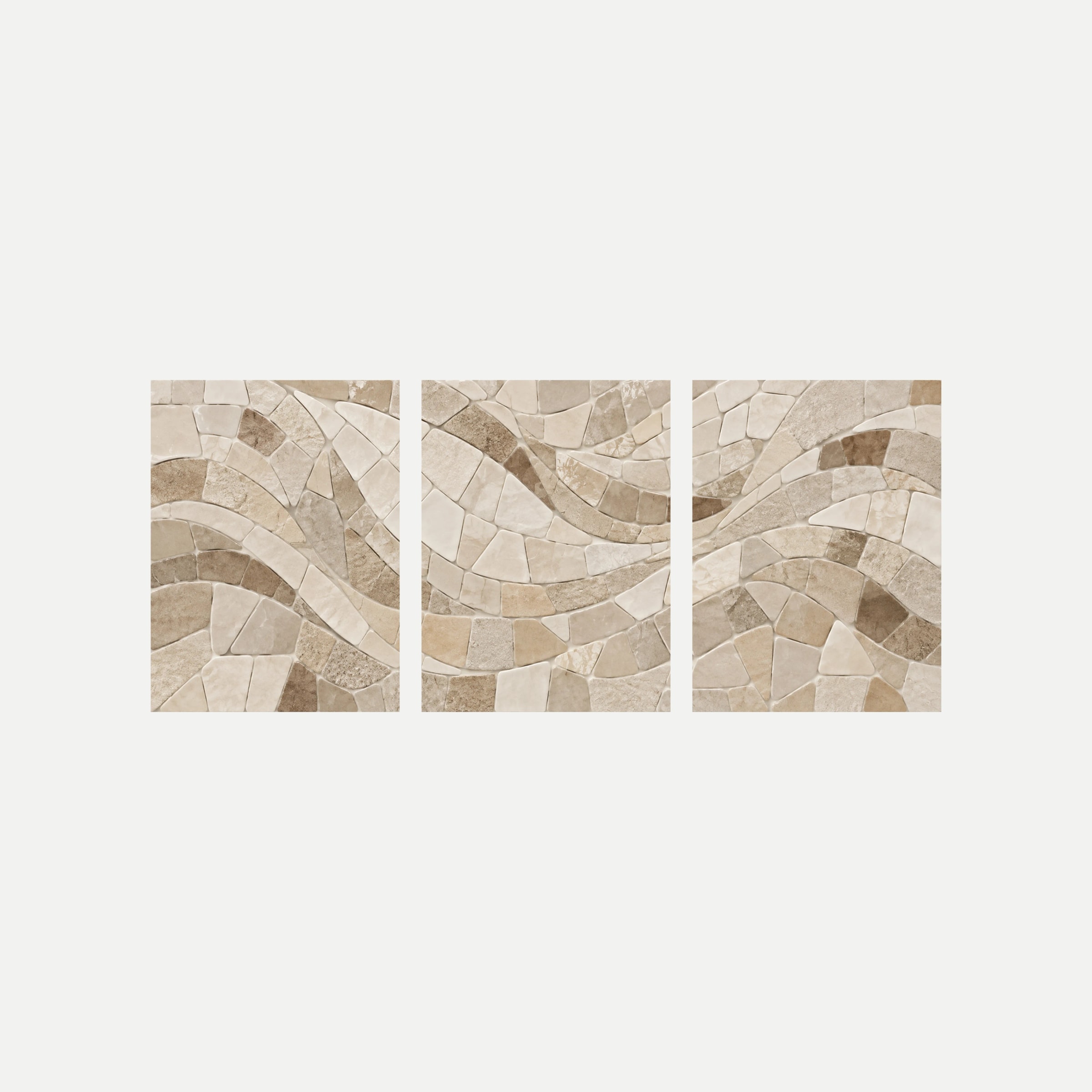 Tres paneles sobre fondo neutro con un mosaico representado de piezas crema y beige dispuestas en bandas curvas.