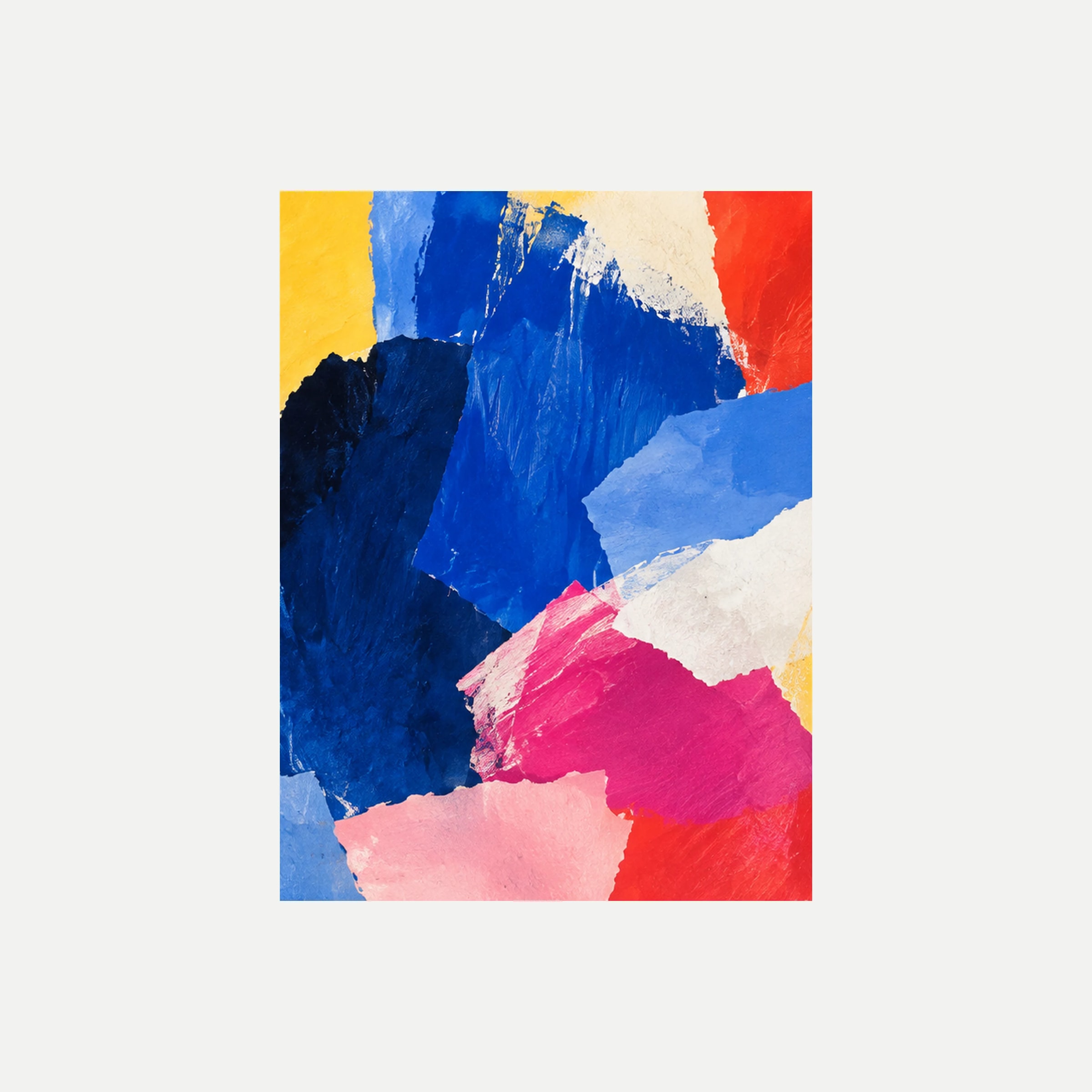 Pigment Parade III: un campo azul cobalto entre zonas marfil, celestes y rosa intenso, sin marco, sobre fondo neutro.