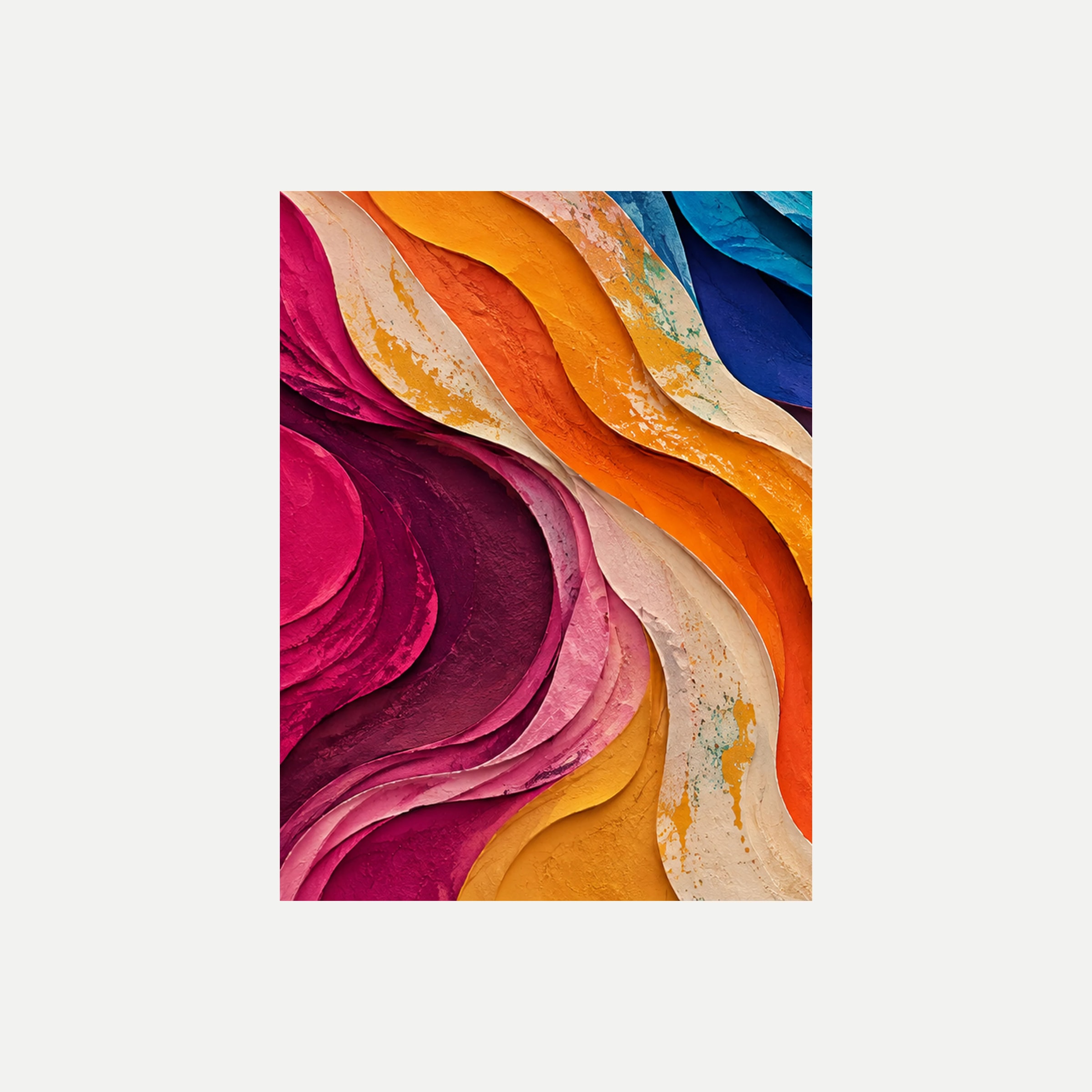 Carnival Strata I: capas curvas burdeos y magenta entre franjas naranjas, crema y azul oscuro, sin marco, sobre fondo neutro.