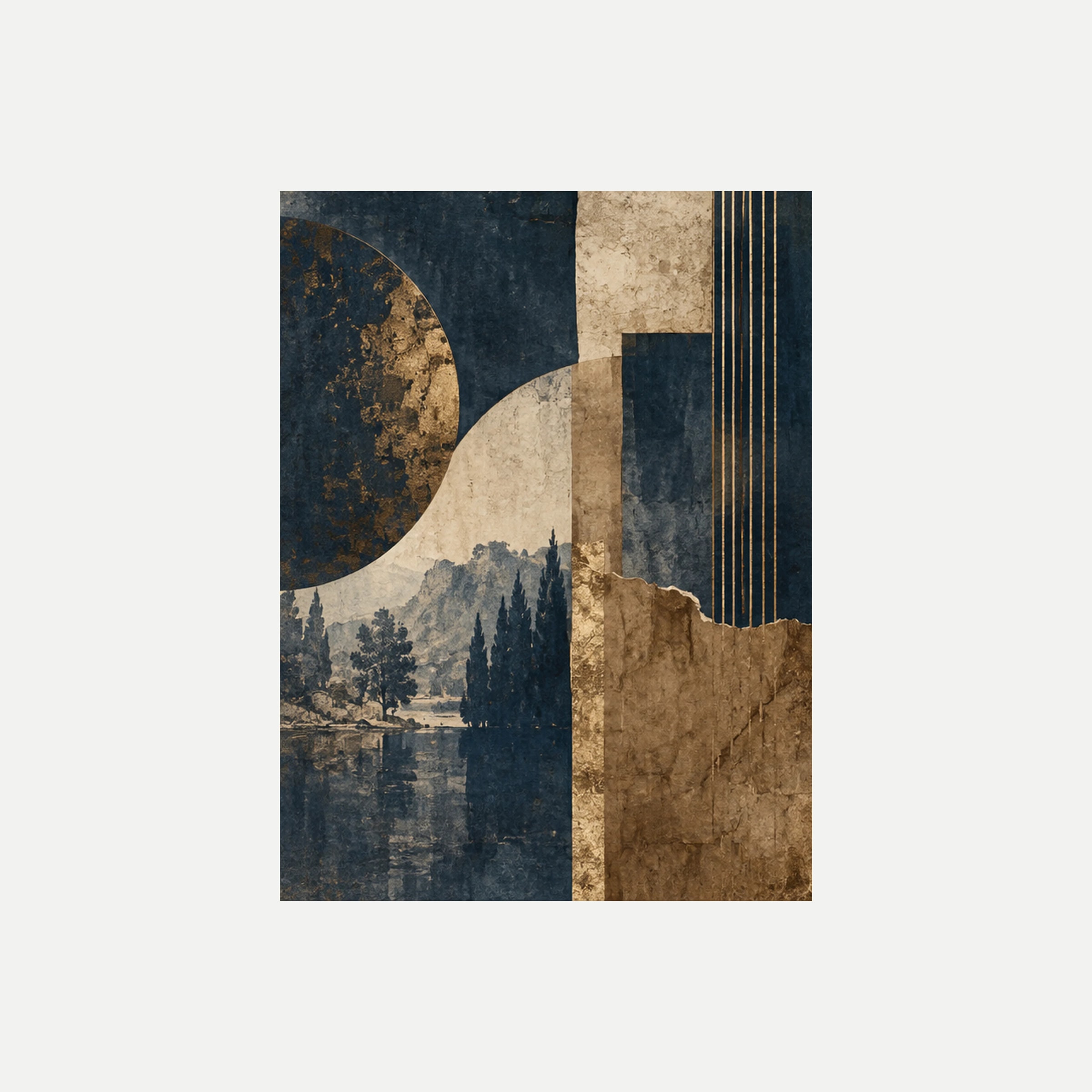 Indigo Ledger I: un círculo azul oscuro parcial y bandas verticales sobre árboles junto al agua, sin marco, sobre fondo neutro.