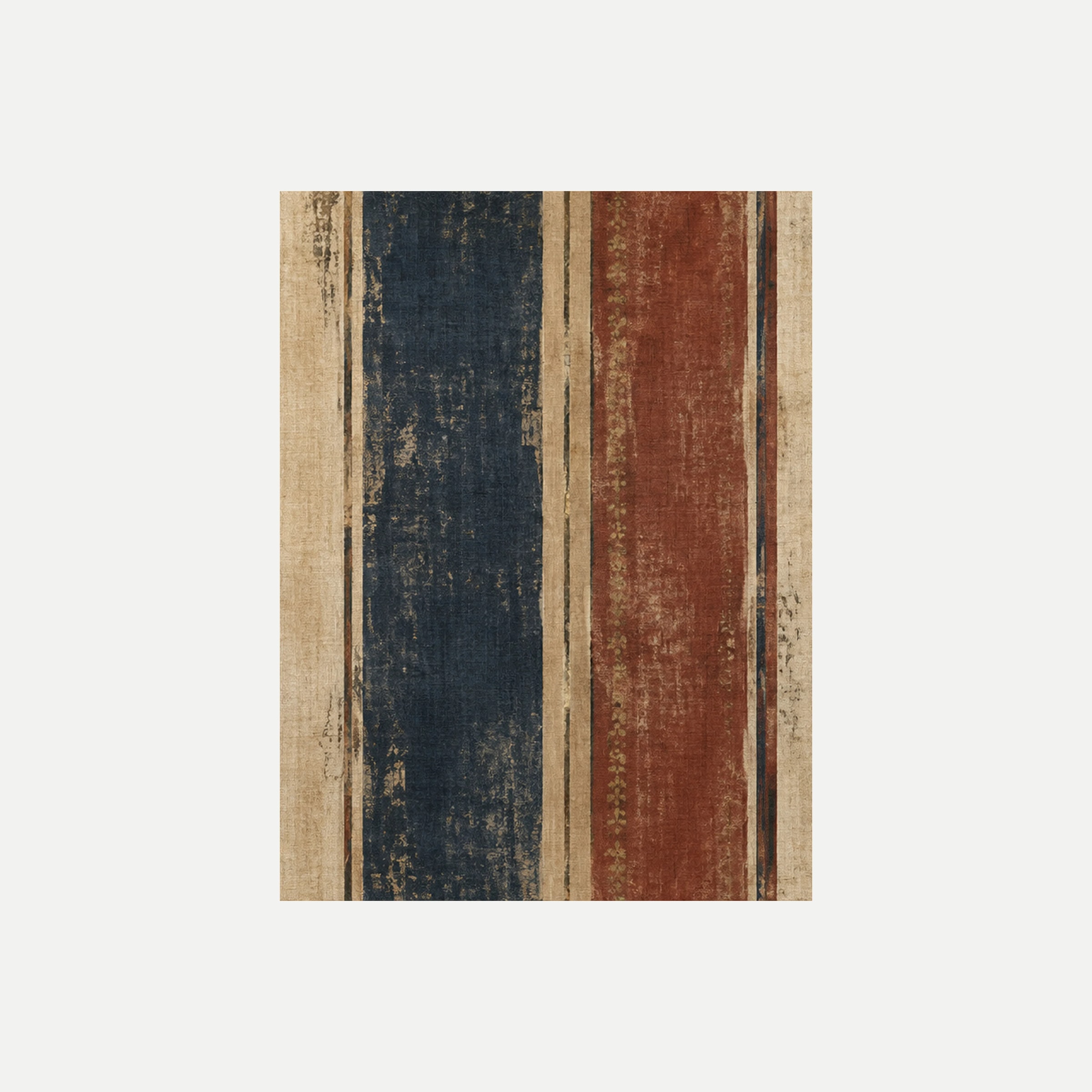 Old World Stripe II: una amplia franja azul oscura entre bandas crema y rojizas con líneas ocre, sin marco, sobre fondo neutro.