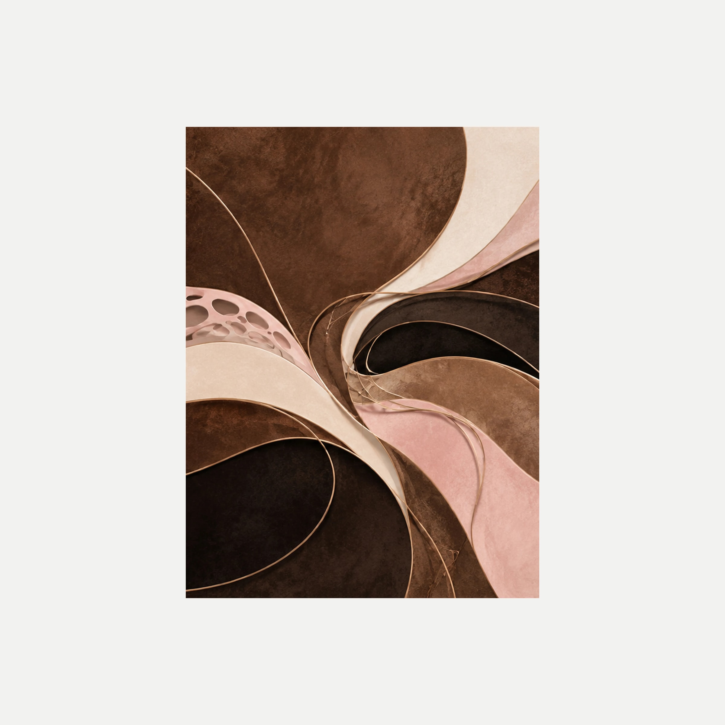 Cacao Lace II: bandas crema y rosa que convergen entre superficies marrones, sin marco, sobre fondo neutro.