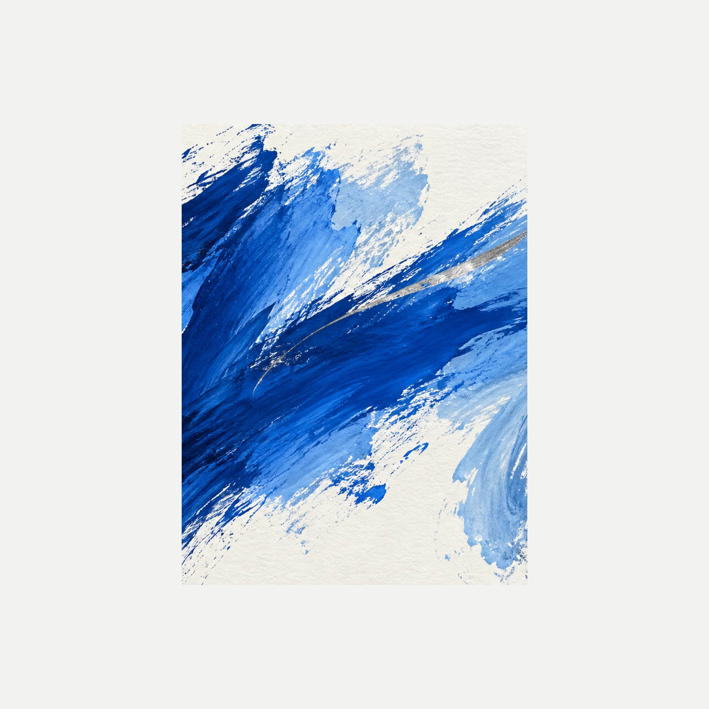 Blue Gesture II: grandes pinceladas representadas azules que ascienden desde la izquierda, sin marco, sobre fondo neutro.