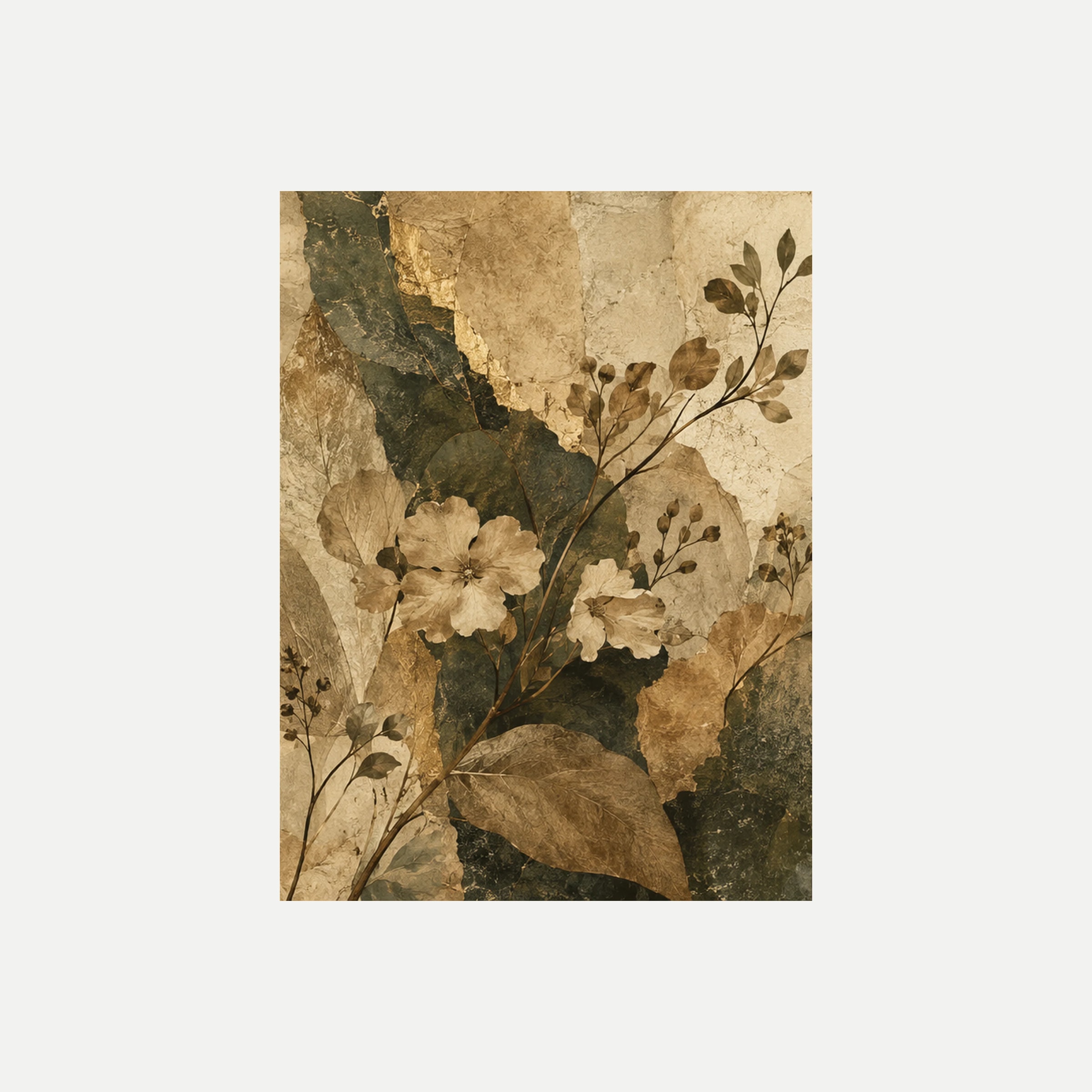 Sepia Garden II: pequeñas flores crema entre hojas verde oscuro y una rama fina sobre tonos sepia, sin marco, sobre fondo neutro.