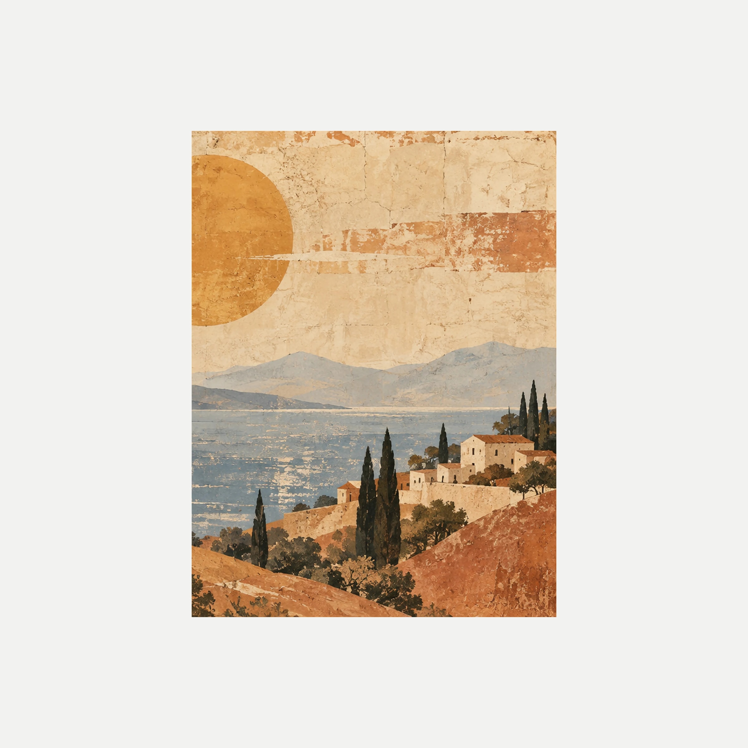 Ochre Postcard III: un pequeño pueblo claro entre cipreses frente al agua y montañas bajo un sol ocre, sin marco, sobre fondo neutro.