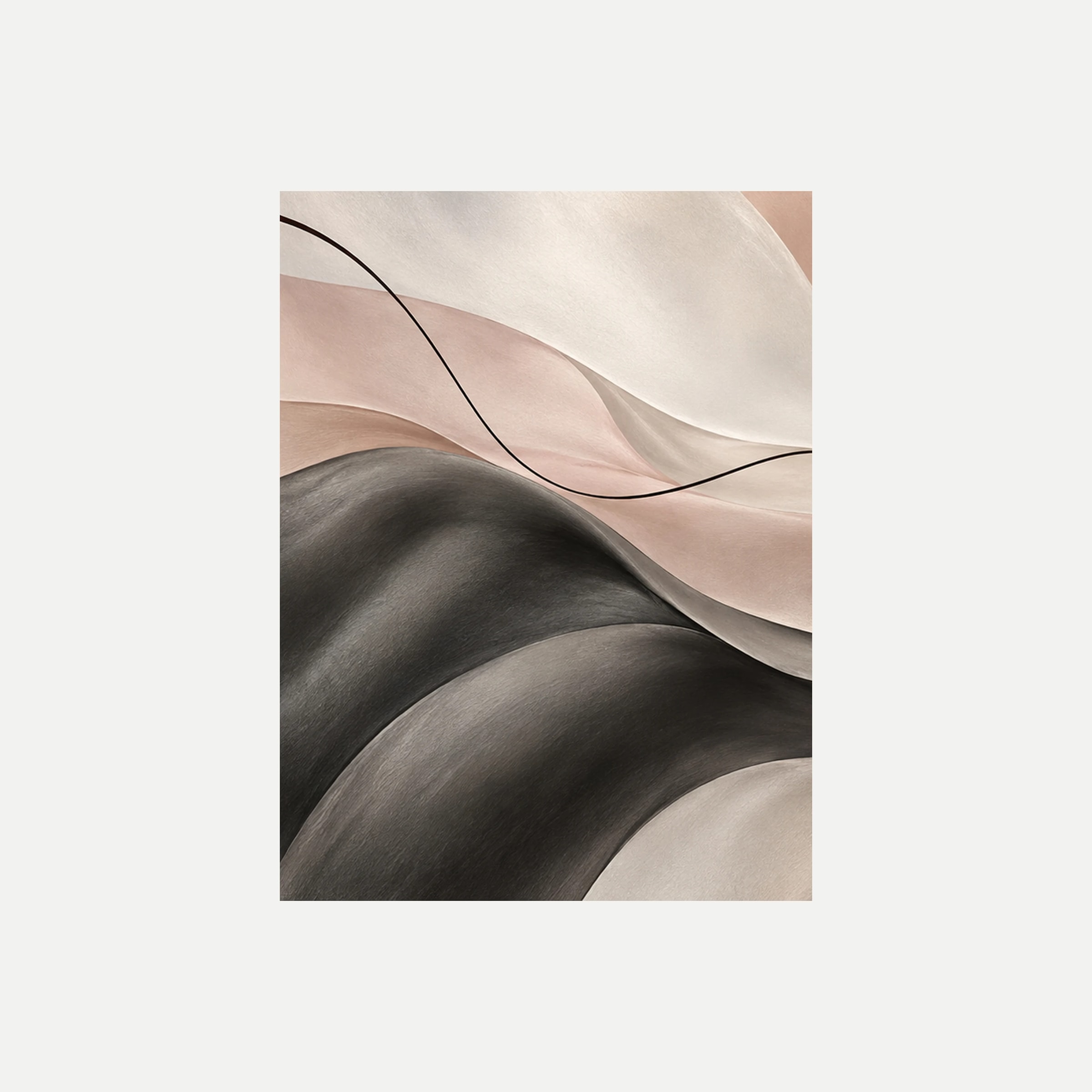 Satin Field I: ondas grises y crema atravesadas por líneas oscuras muy finas, sin marco, sobre fondo neutro.