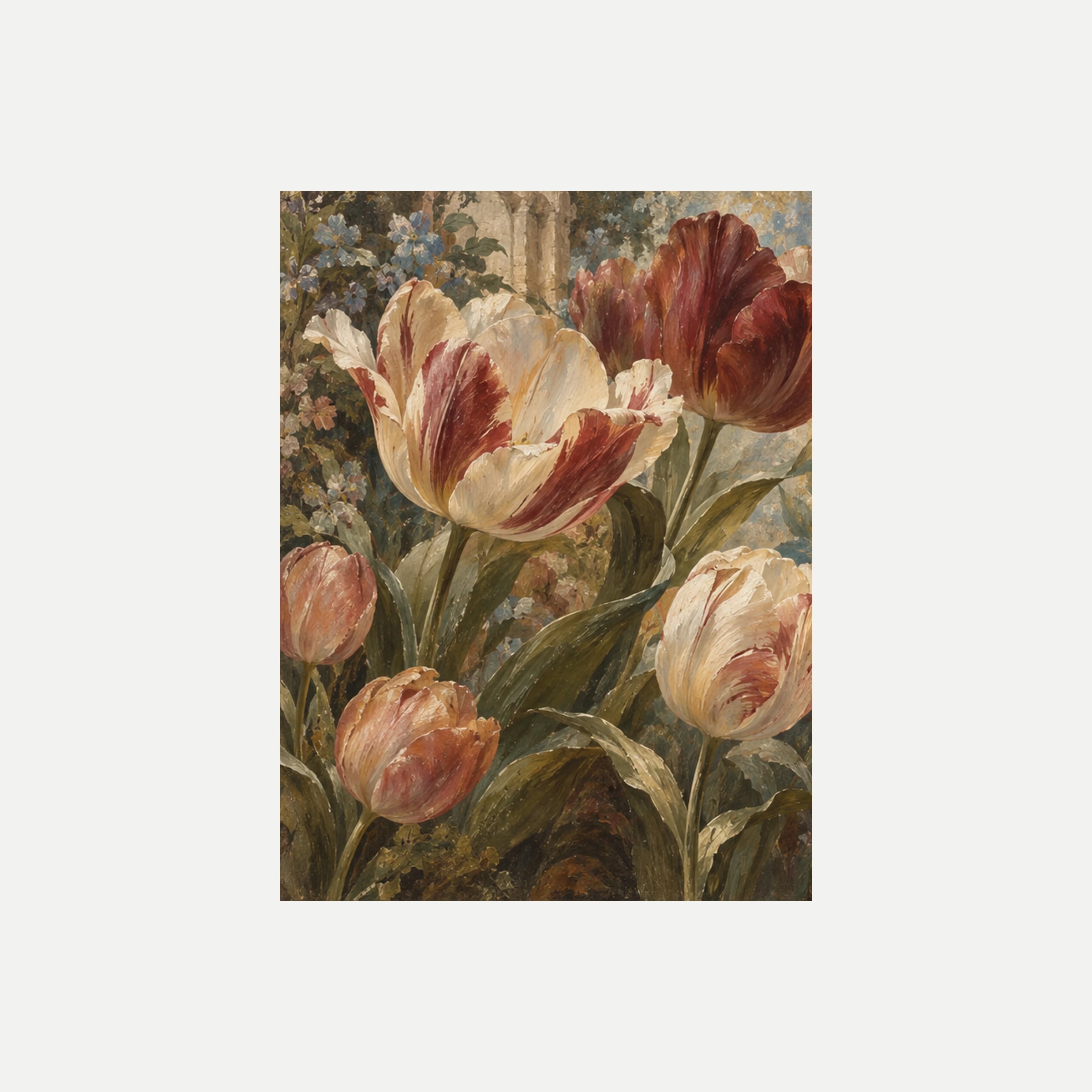 Jardín velado I: un tulipán crema con vetas rojas ante otro rojizo entre hojas verdes y un fondo azulado, sin marco, sobre fondo neutro.