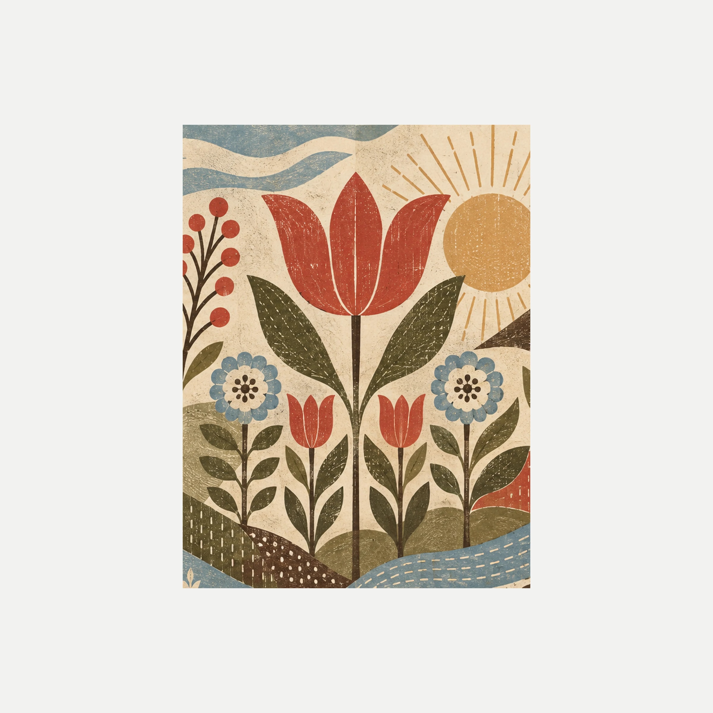 Soft Folk II: un gran tulipán rojo junto a un sol ocre sobre tallos verdes y pequeñas flores azules, sin marco, sobre fondo neutro.