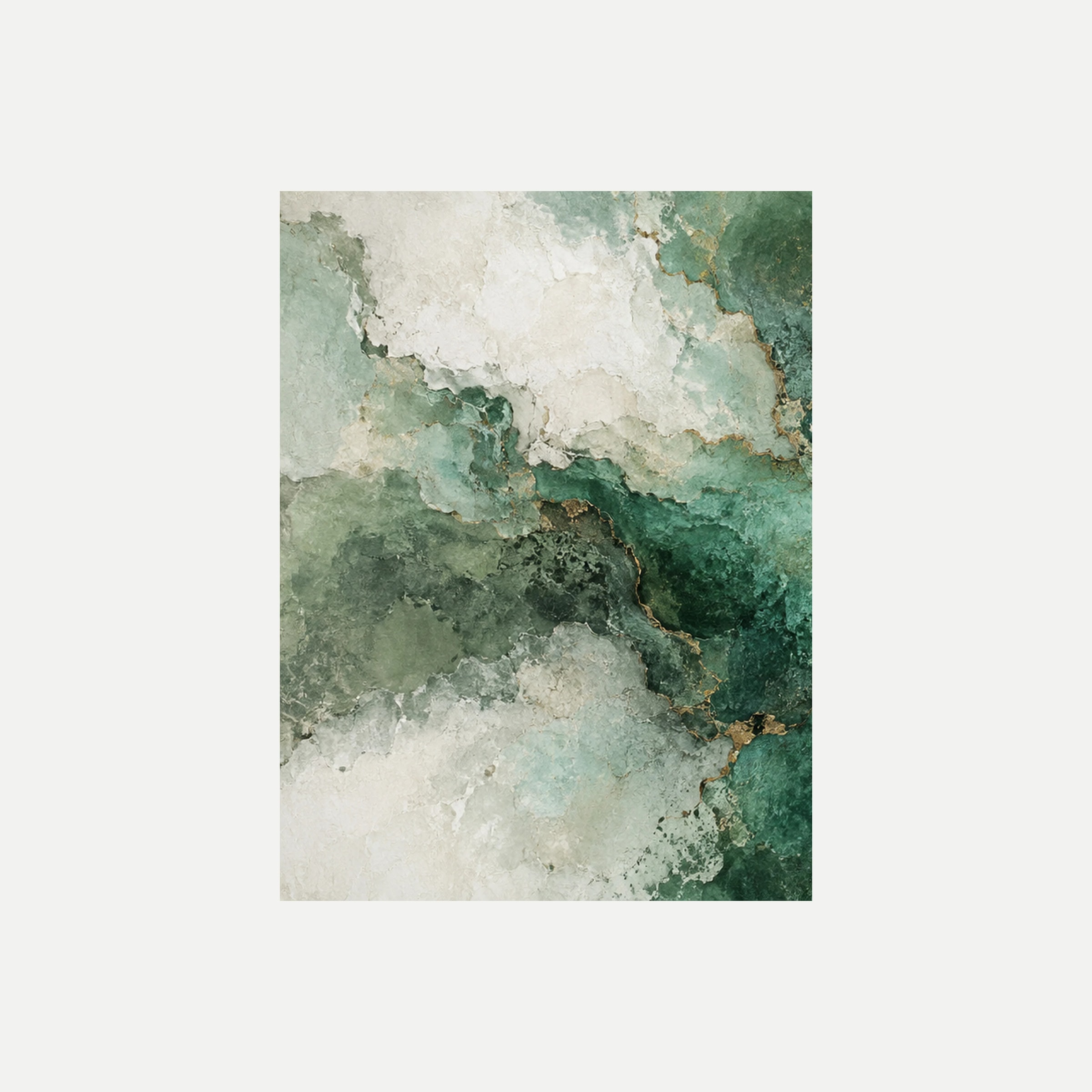 Verdigris Bloom I: masas verde agua y crema con un centro verde oscuro difuso, sin marco, sobre fondo neutro.