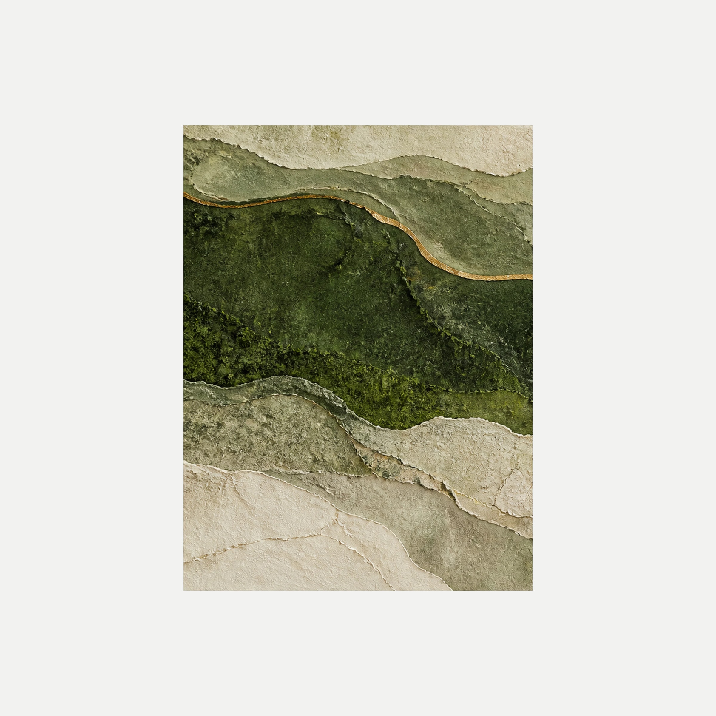 Mosslight Strata I: una gran franja verde musgo entre estratos claros ondulados, sin marco, sobre fondo neutro.