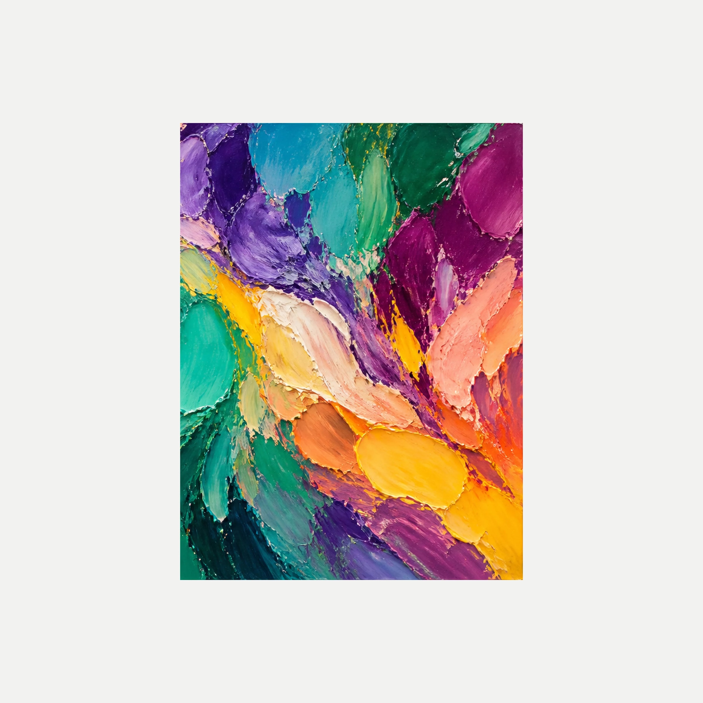 Impasto Atelier III: una diagonal amarilla y naranja entre campos violetas y verdes de textura visual, sin marco, sobre fondo neutro.