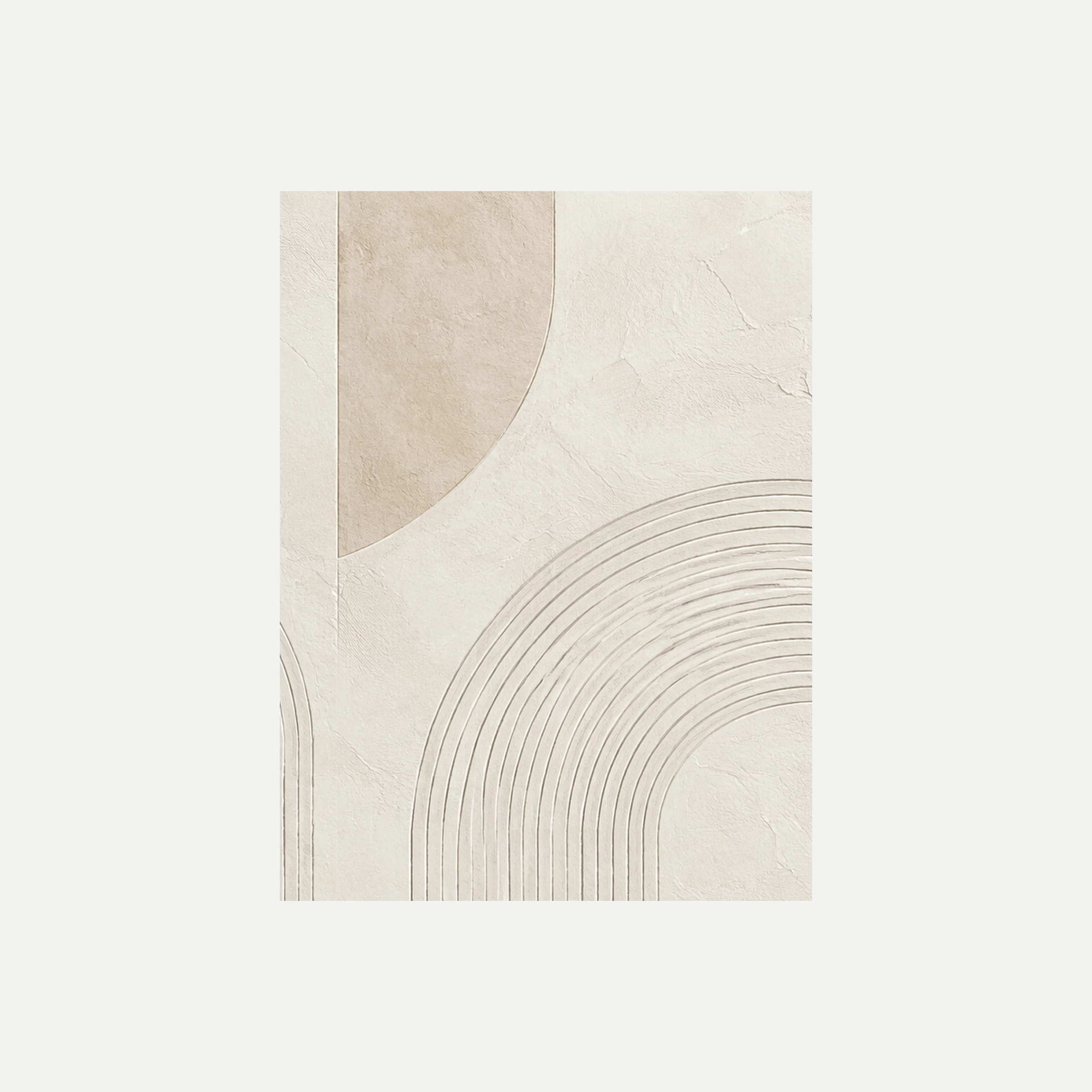 Stillness Grid II: arcos de líneas finas junto a dos superficies circulares crema, sin marco, sobre fondo neutro.