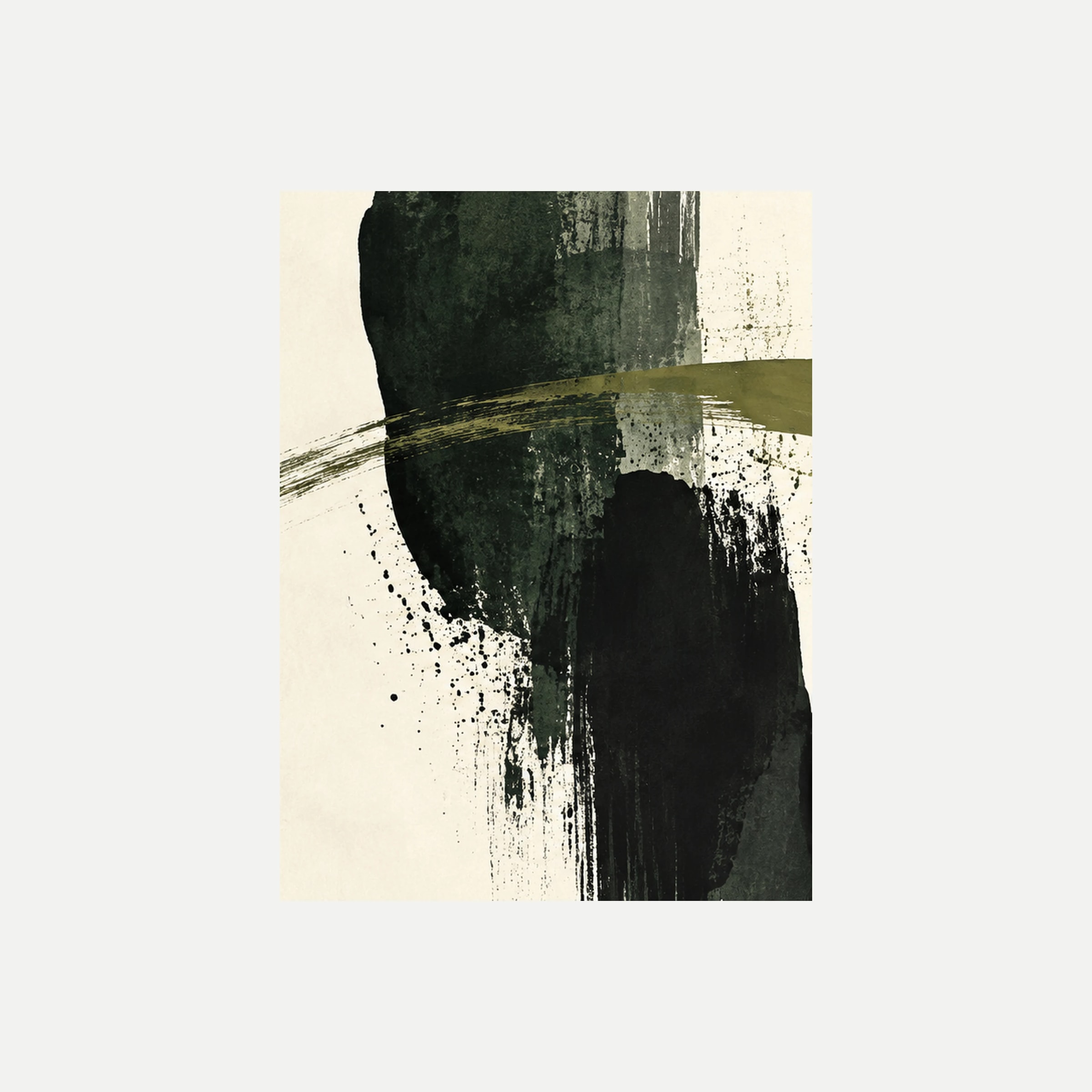Ink Grove III: un gesto verde oscuro que deja espacios crema y puntos dispersos, sin marco, sobre fondo neutro.