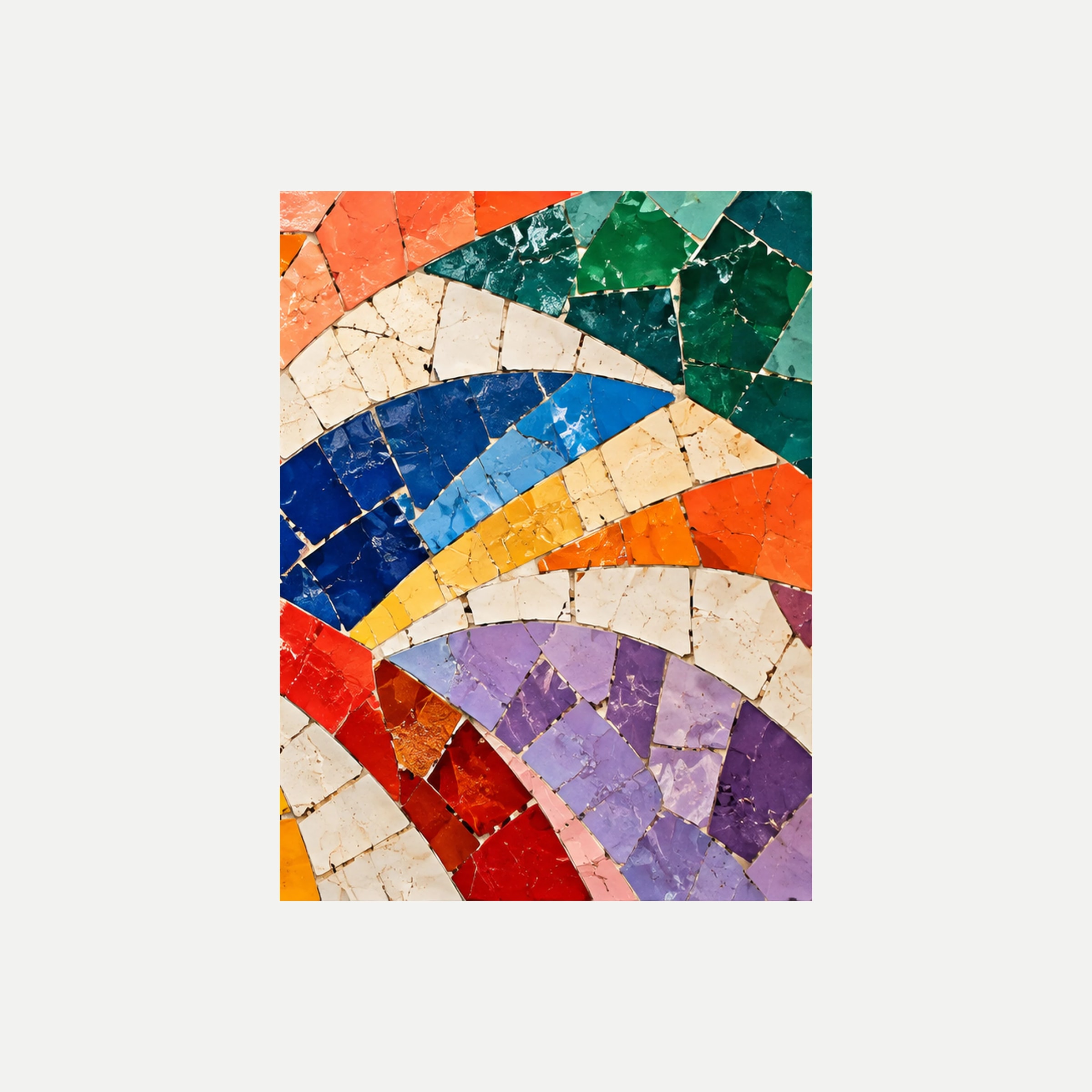 Mosaic Parade III: bandas curvas crema, azules y naranjas sobre campos verdes, rojos y lilas, sin marco, sobre fondo neutro.