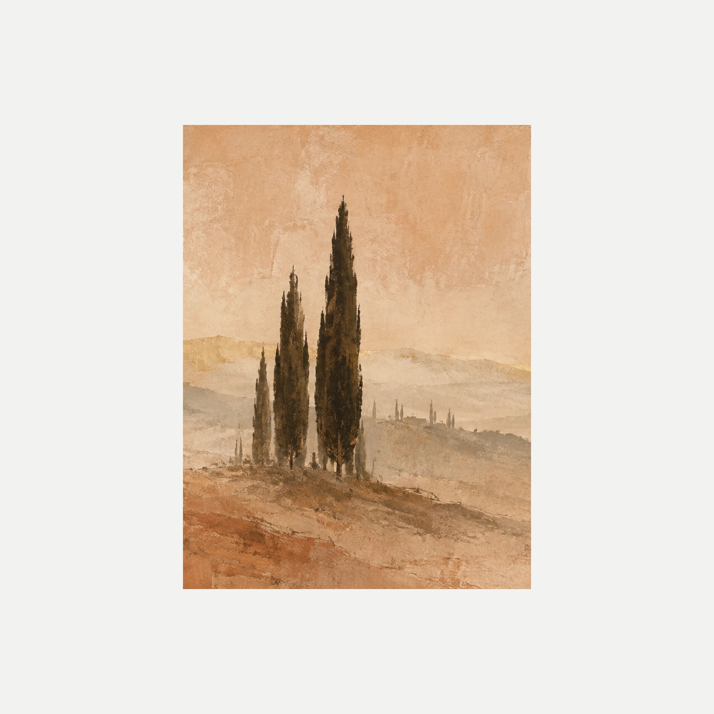 Cipreses de siena II: un grupo de cipreses centrado entre suaves colinas beige bajo un cielo melocotón, sin marco, sobre fondo neutro.
