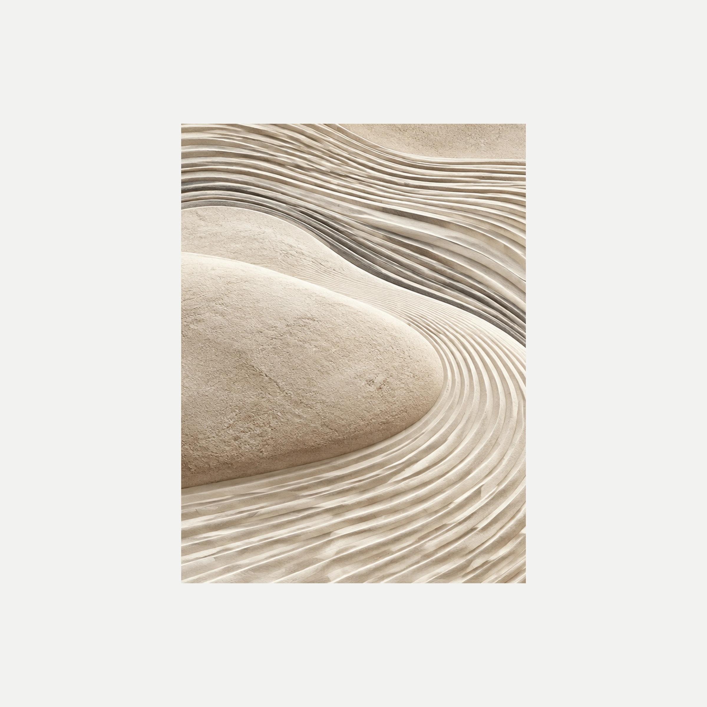 Sand Garden I: una piedra ovalada clara rodeada de líneas onduladas en tonos arena, sin marco, sobre fondo neutro.